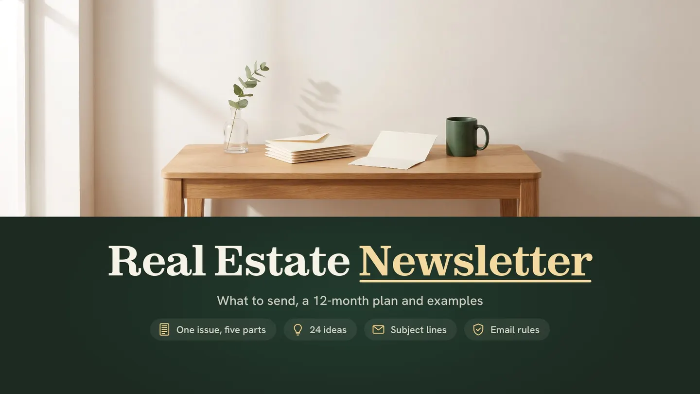 Real estate newsletter: a stack of plain envelopes and a folded sheet on an oak entry table in morning light, with a green mug and a eucalyptus sprig