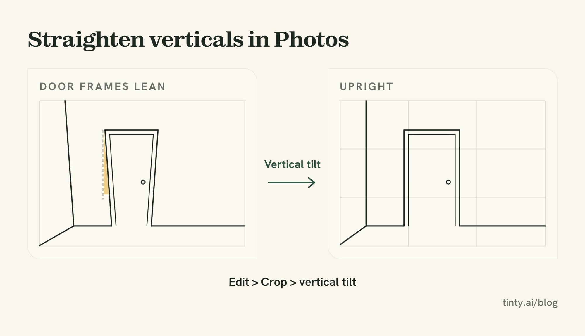 Editing iPhone real estate photos: a door frame leaning in a tilted shot, and the same door frame upright after the vertical tilt fix