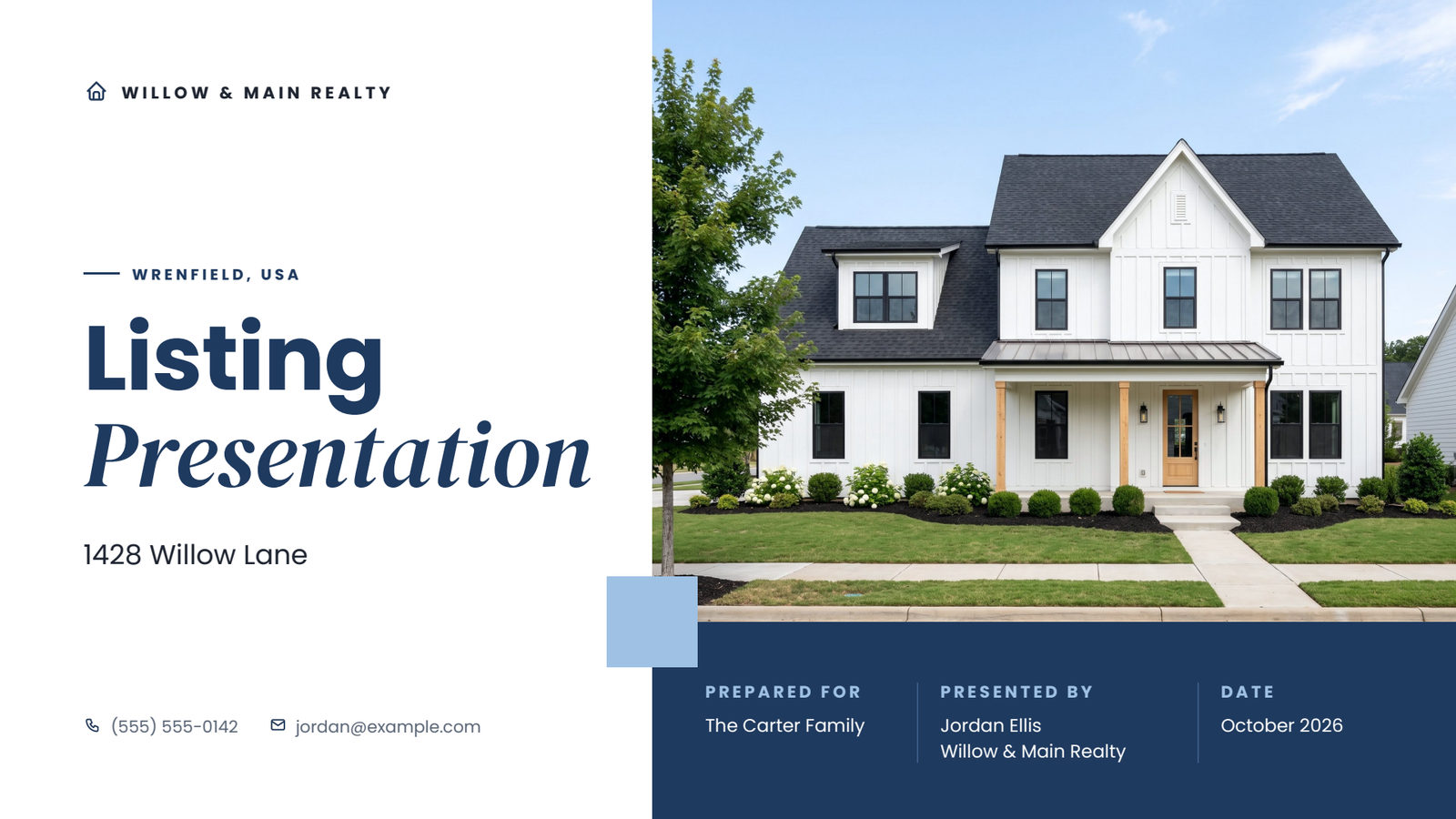 Clean White listing presentation template cover slide with navy accents and a white farmhouse photo