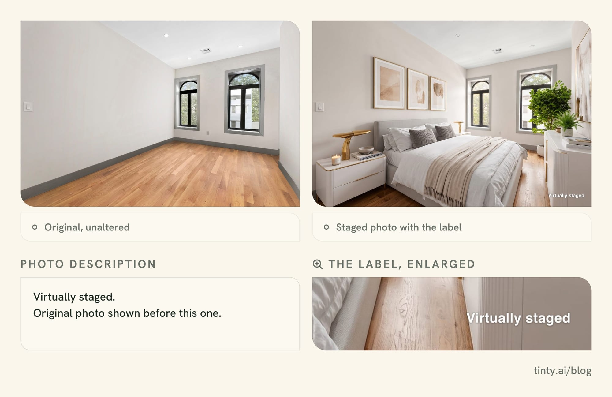 A virtually staged bedroom photo with a "Virtually staged" label, shown next to the original empty room