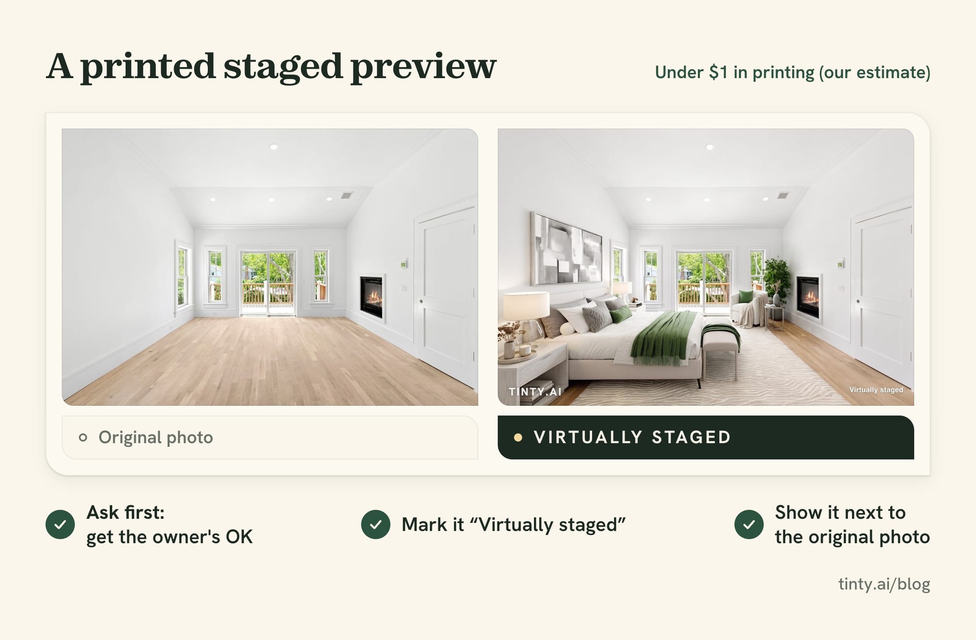 Printed staged preview for a past client: an empty bedroom photo next to the same room virtually staged with TINTY and labeled Virtually staged