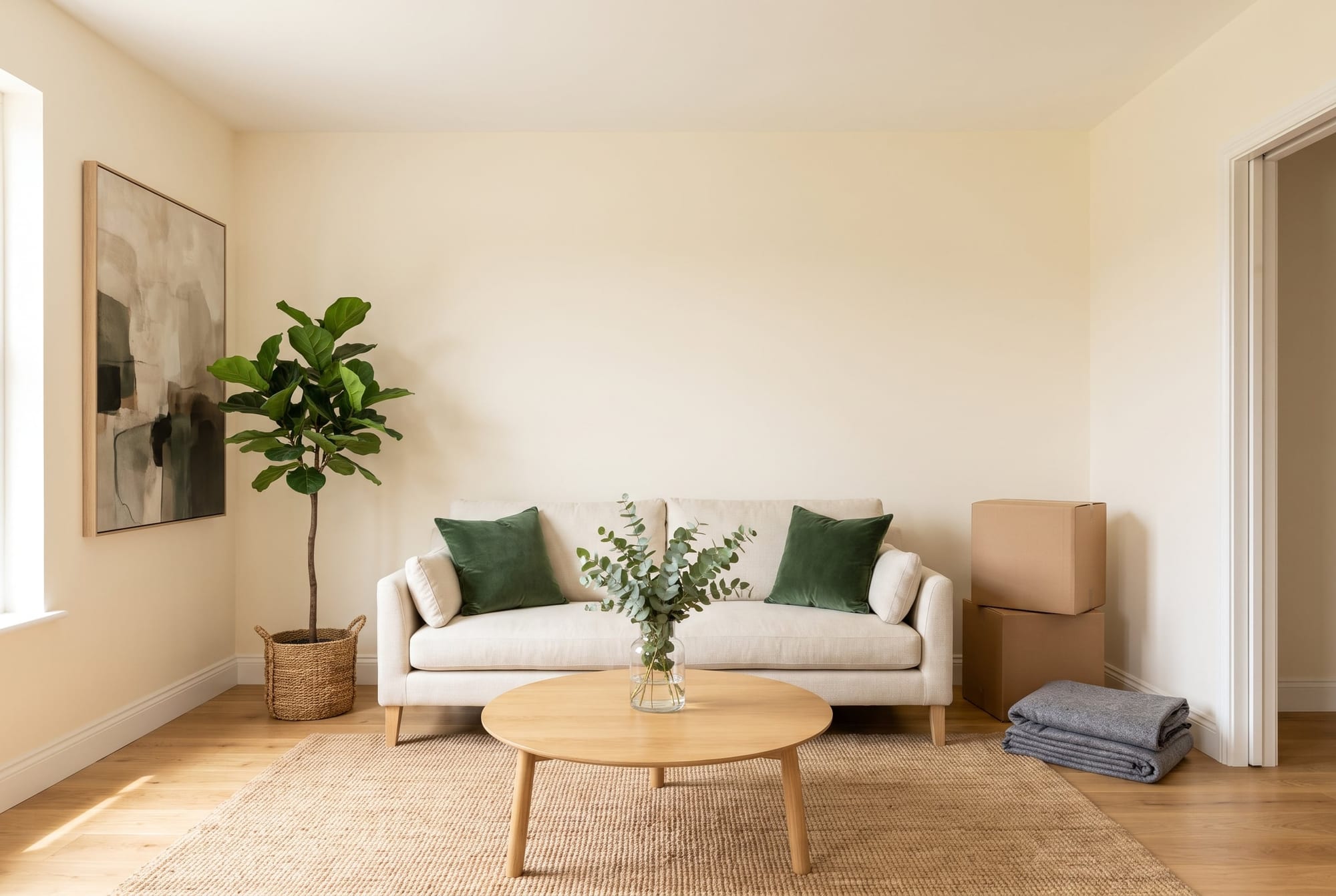 Living room staged for a home sale with a cream sofa, green cushions, an oak coffee table and a tall plant, moving boxes stacked by the door