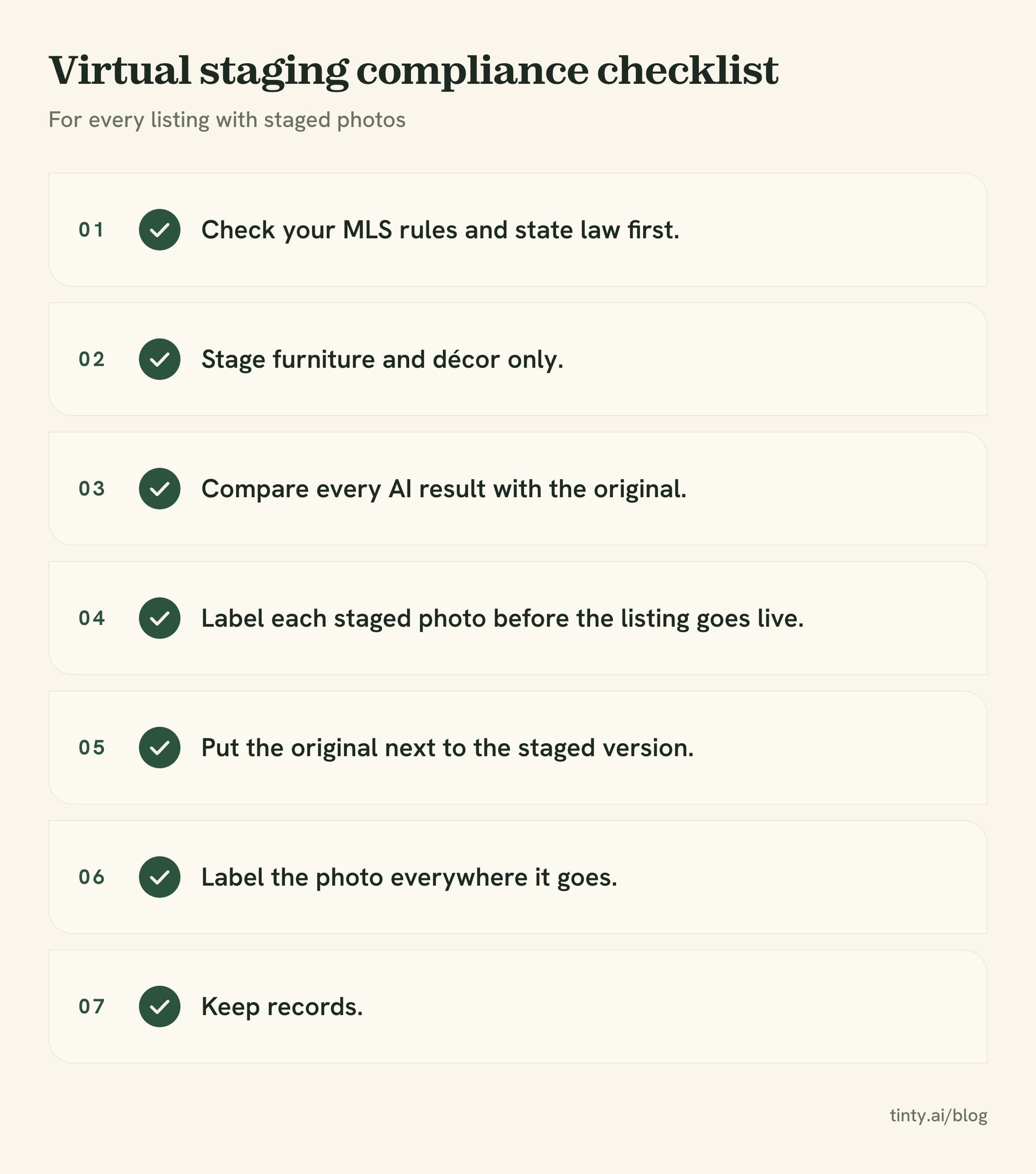 Virtual staging compliance checklist: seven steps from checking MLS rules to keeping records