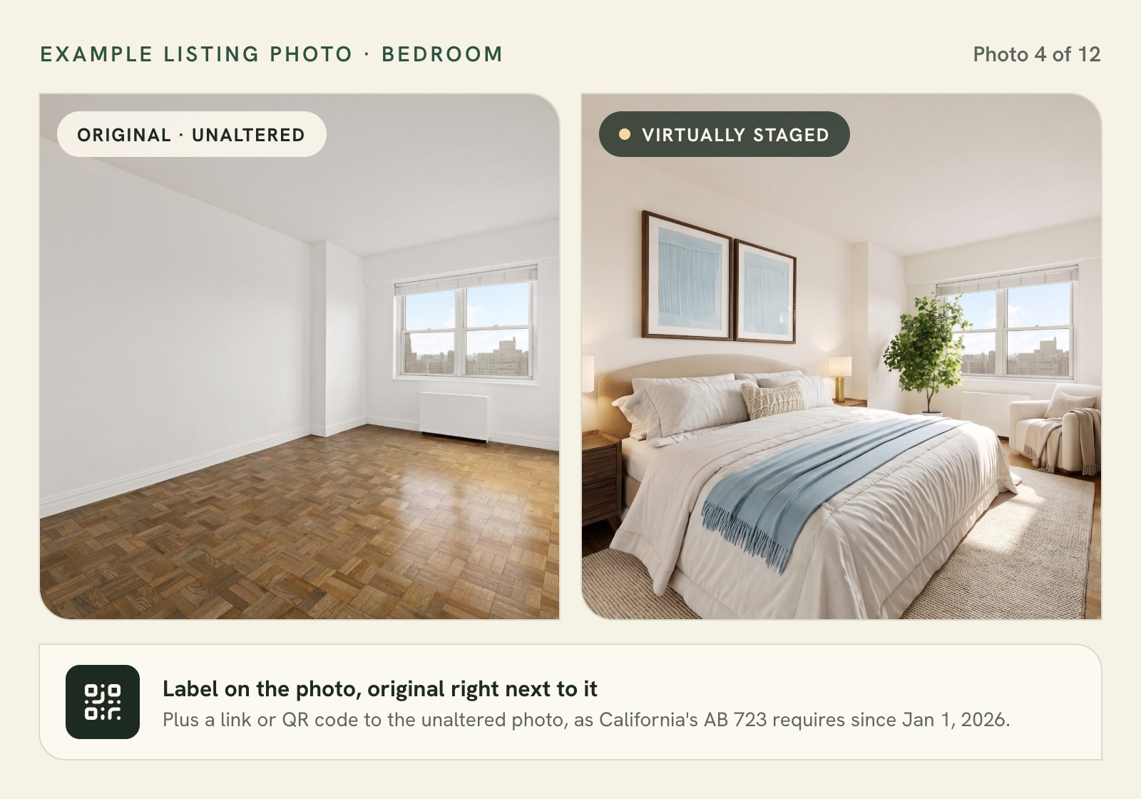 Compliant virtual staging disclosure: a staged bedroom photo labeled "Virtually staged" next to the unaltered original, with a note about linking to the original