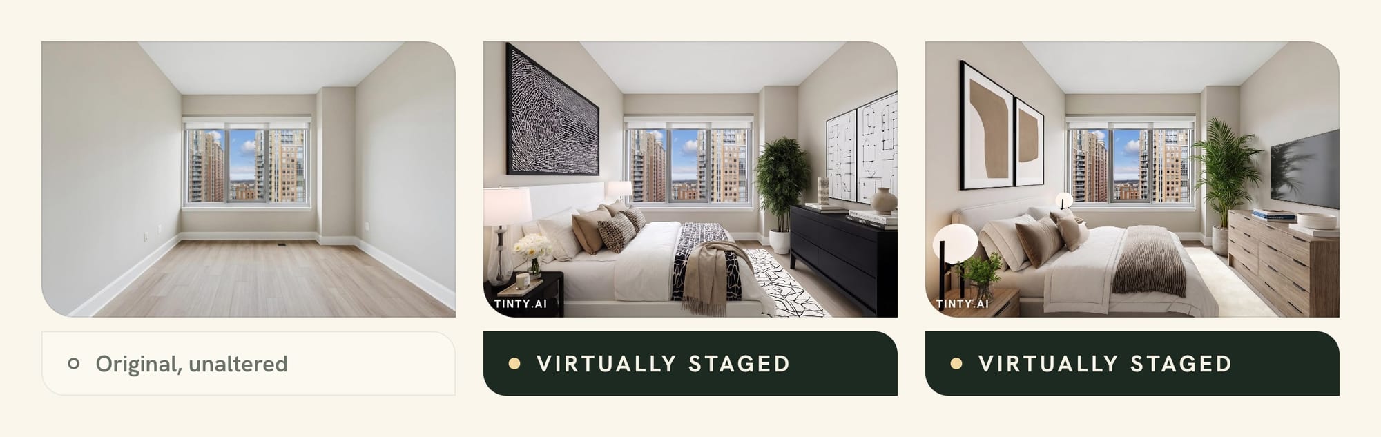 Empty city bedroom photo next to two TINTY virtual staging versions of the same room, each with different furniture