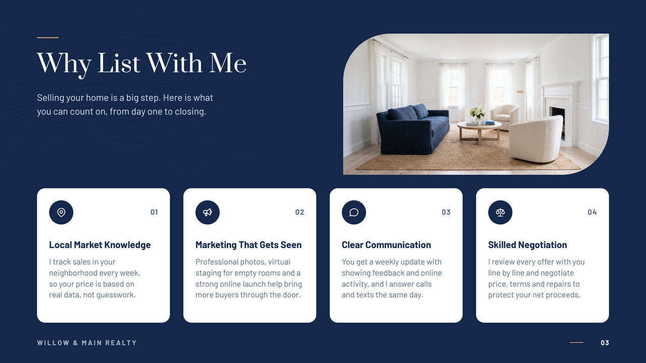 Navy Modern listing presentation template: the "Why List With Me" slide in navy and white with brass details