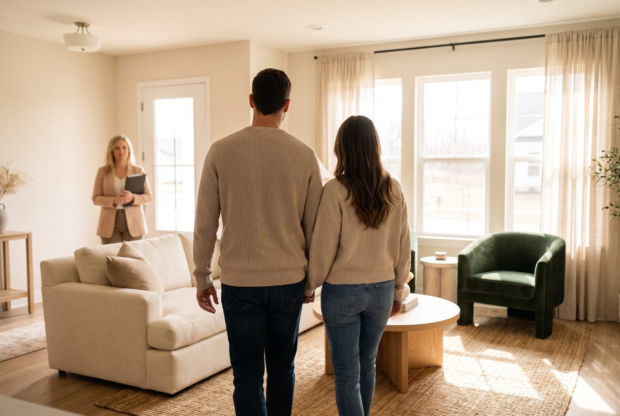A couple seen from behind touring a staged, sunlit living room during an open house