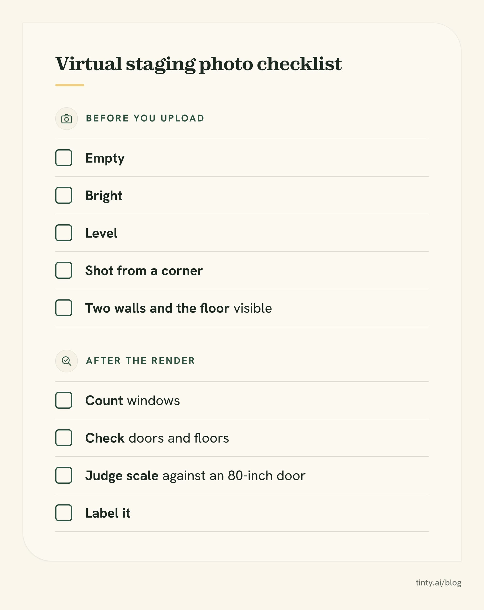 Checklist for photos before and after virtual staging: shoot empty, bright and level, then check windows, doors, floors and scale
