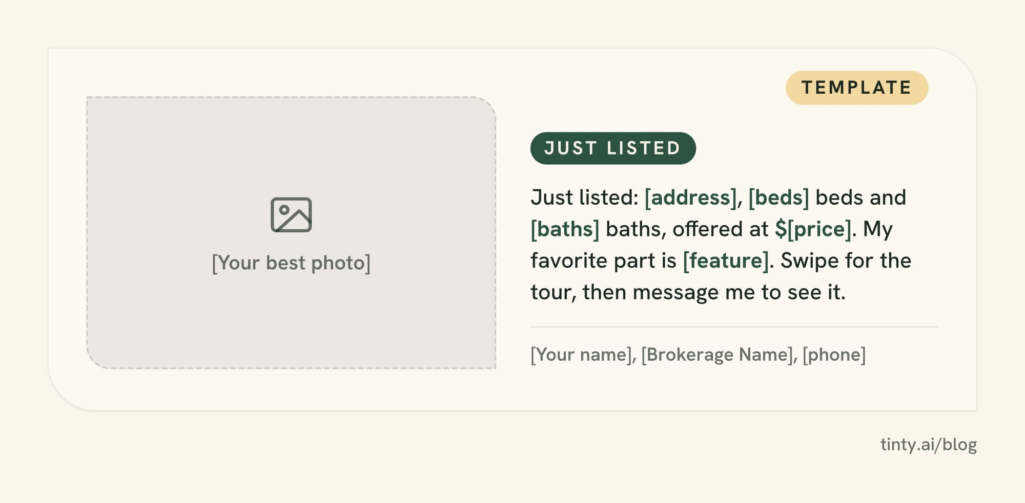 Free real estate social media post template for a just listed post, with bracketed fields and a brokerage name line
