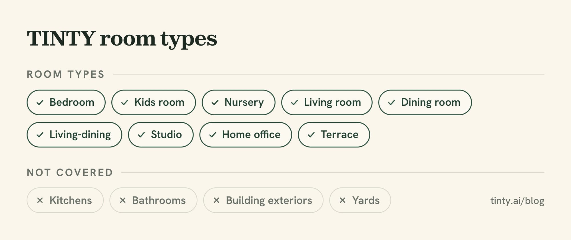 The nine room types TINTY can stage: bedroom, kids room, nursery, living room, dining room, living-dining, studio, home office and terrace