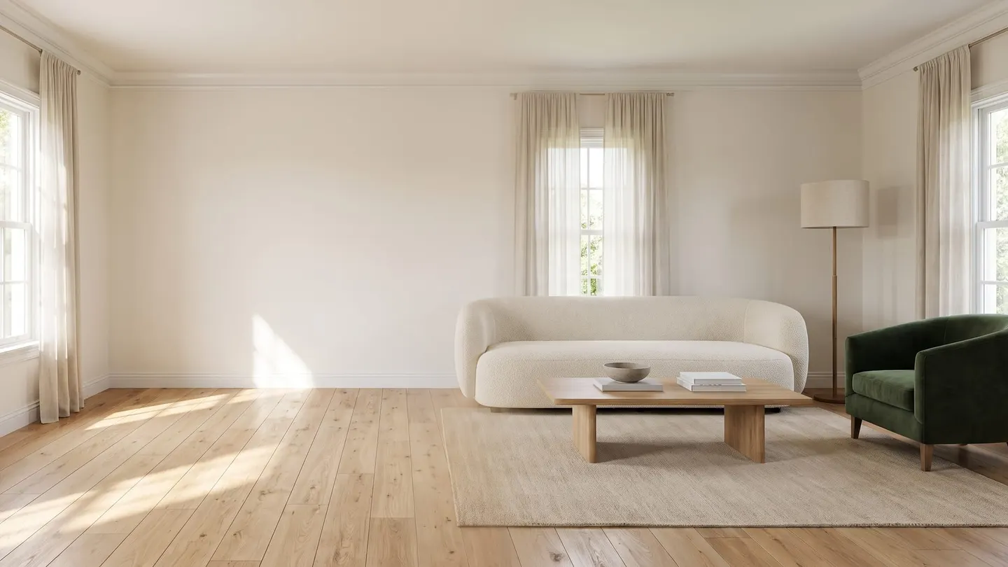 Sunlit living room with an empty oak floor on the left and a cream sofa, oak coffee table and green velvet armchair on the right