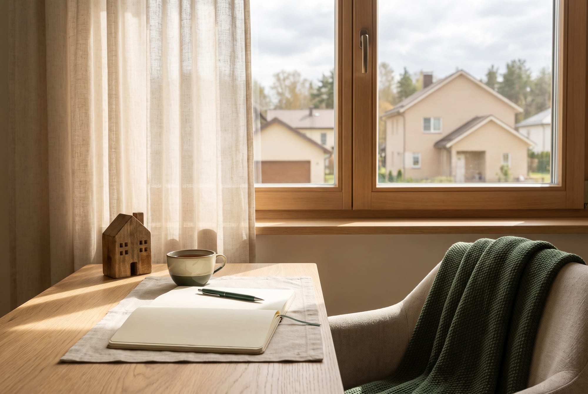 A desk by a window with an open notebook, a cup of tea and a small wooden house model