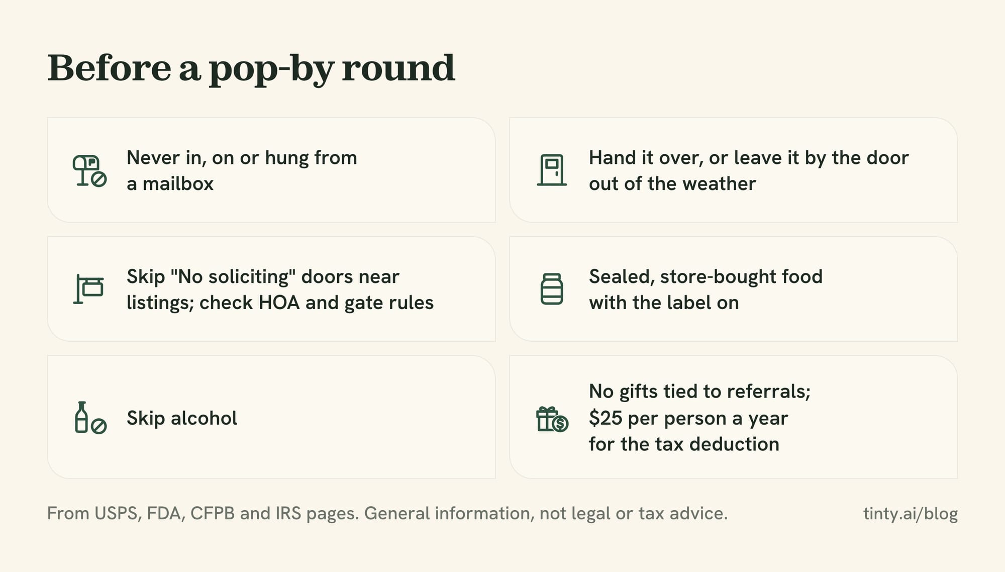 Pop-by rules checklist for realtors: mailbox rule, door etiquette, no-soliciting signs, food labels, no alcohol and referral gifts