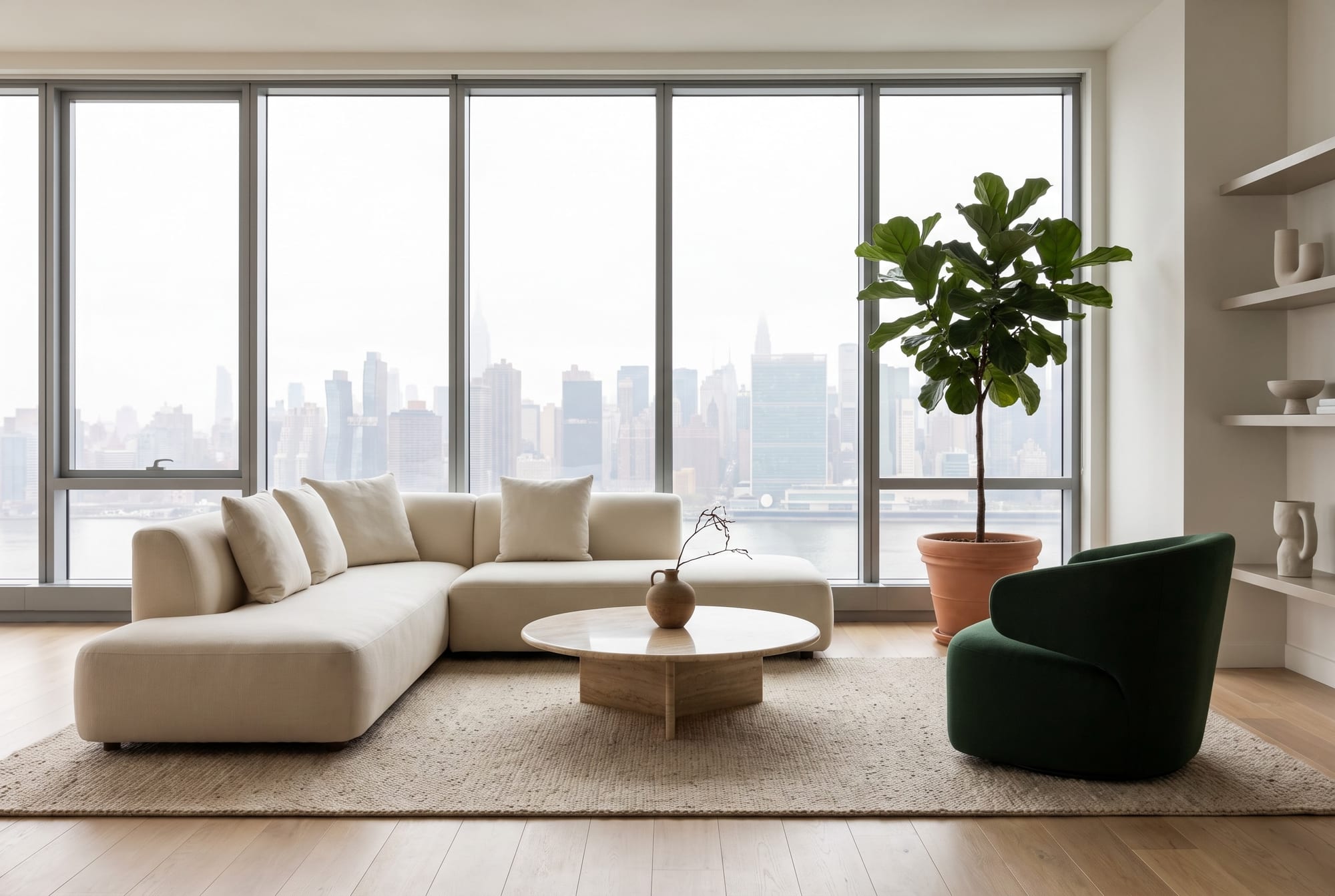 A staged high-rise living room with a cream sectional, a travertine coffee table and a green armchair before a hazy Manhattan skyline