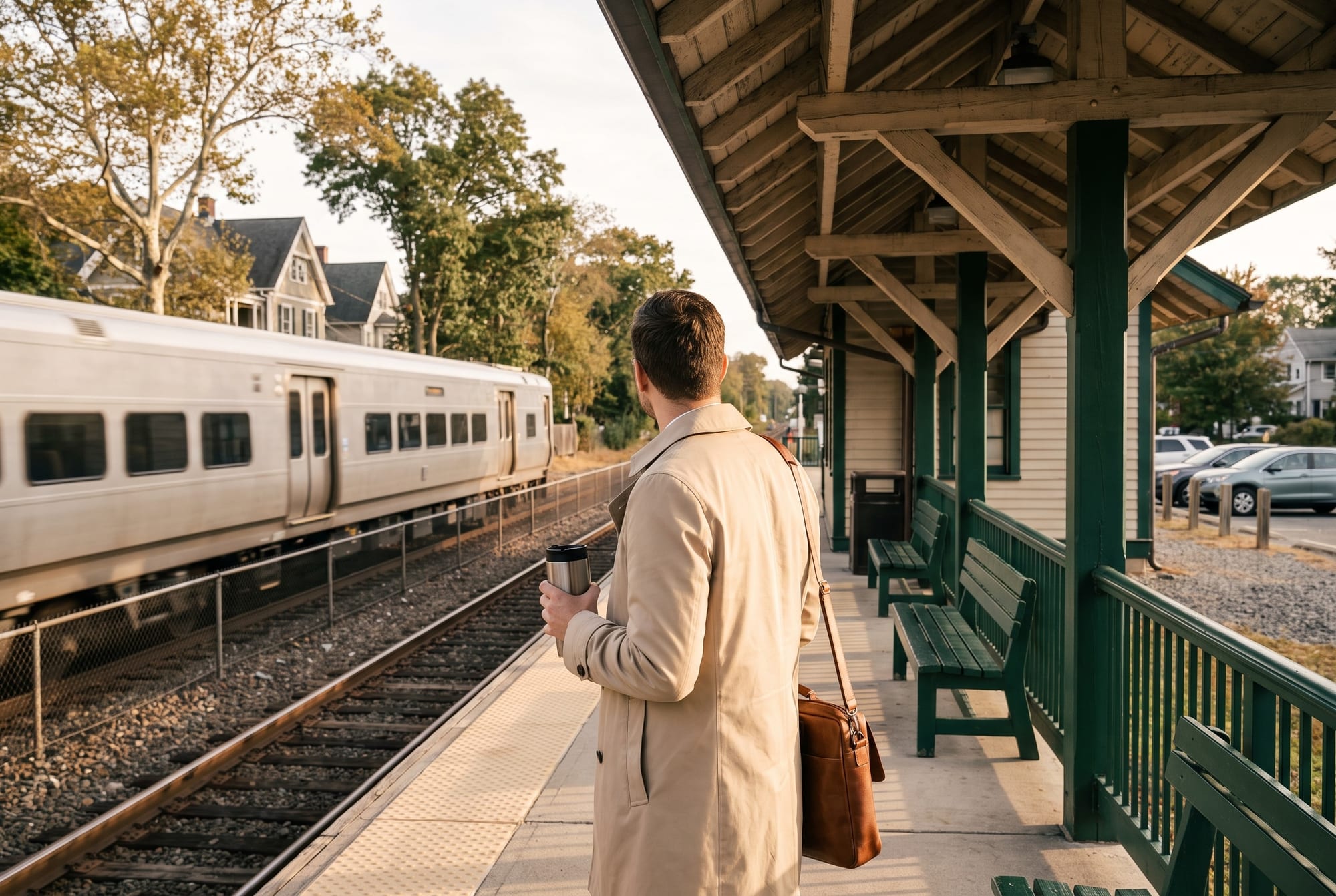 A commuter in a beige trench coat with a travel mug and leather bag waits under a wooden station canopy as a silver train passes, green benches and houses nearby