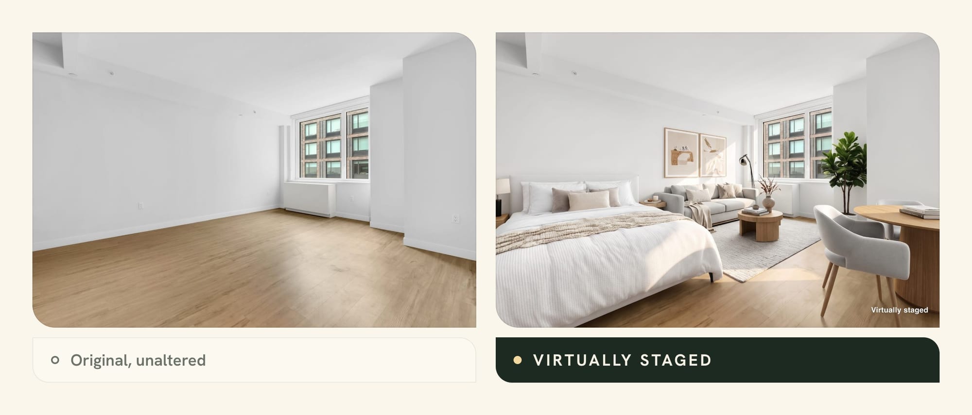 How to take photos for virtual staging: an empty studio shot level from a corner, and the same photo virtually staged with a bed, sofa and rug
