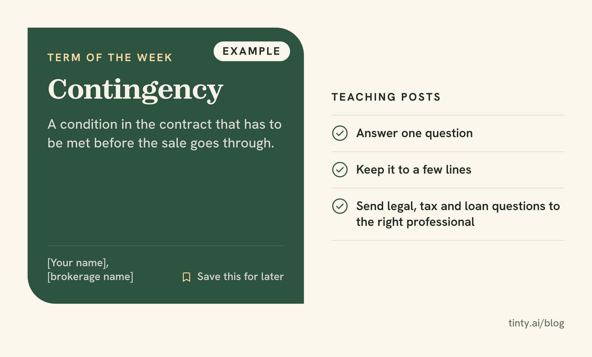 Real estate posts for social media that teach: an example term of the week card that explains a contingency in two lines