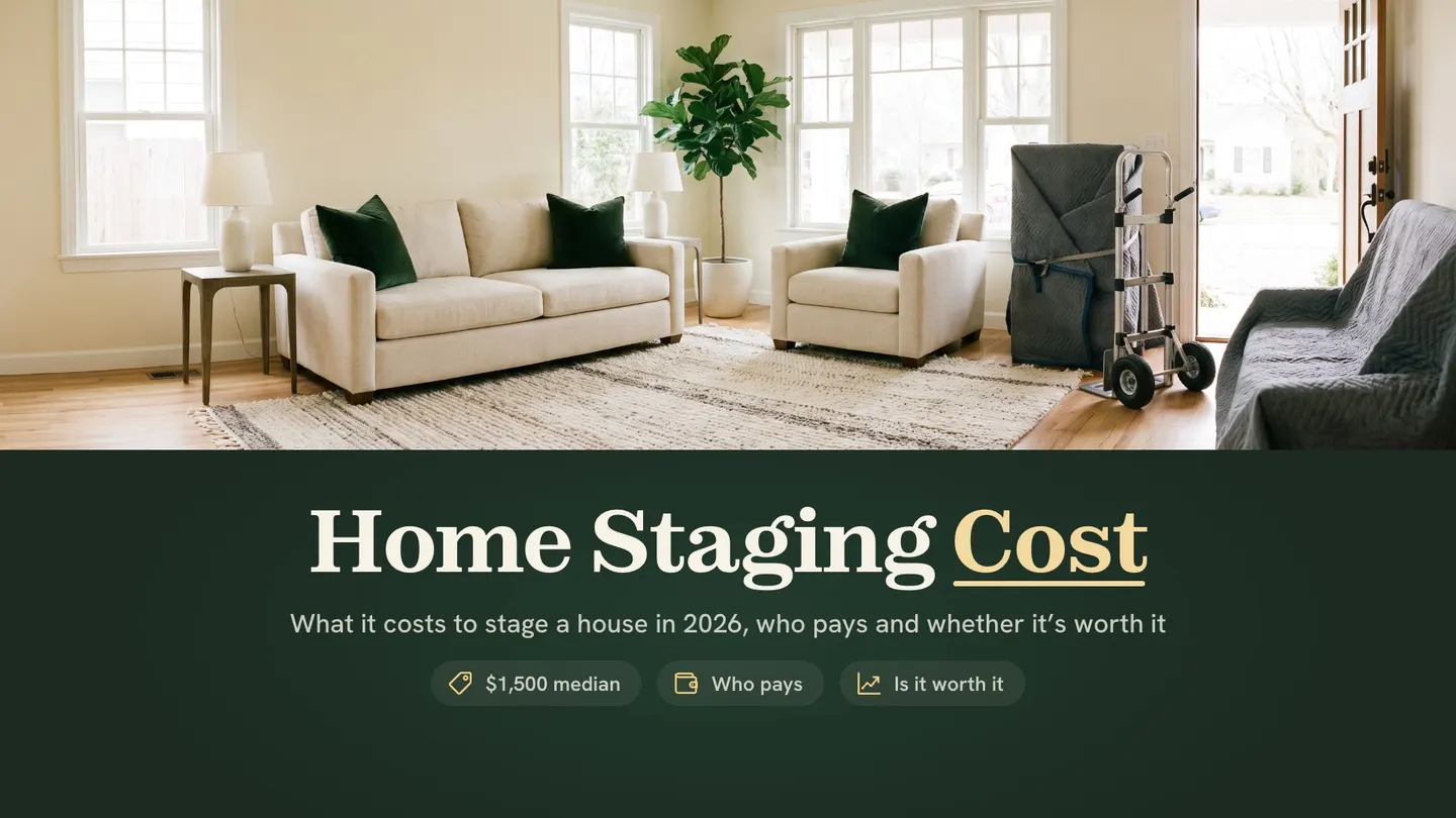 Home staging cost: a living room being staged for sale, with furniture still wrapped on a hand truck by the door