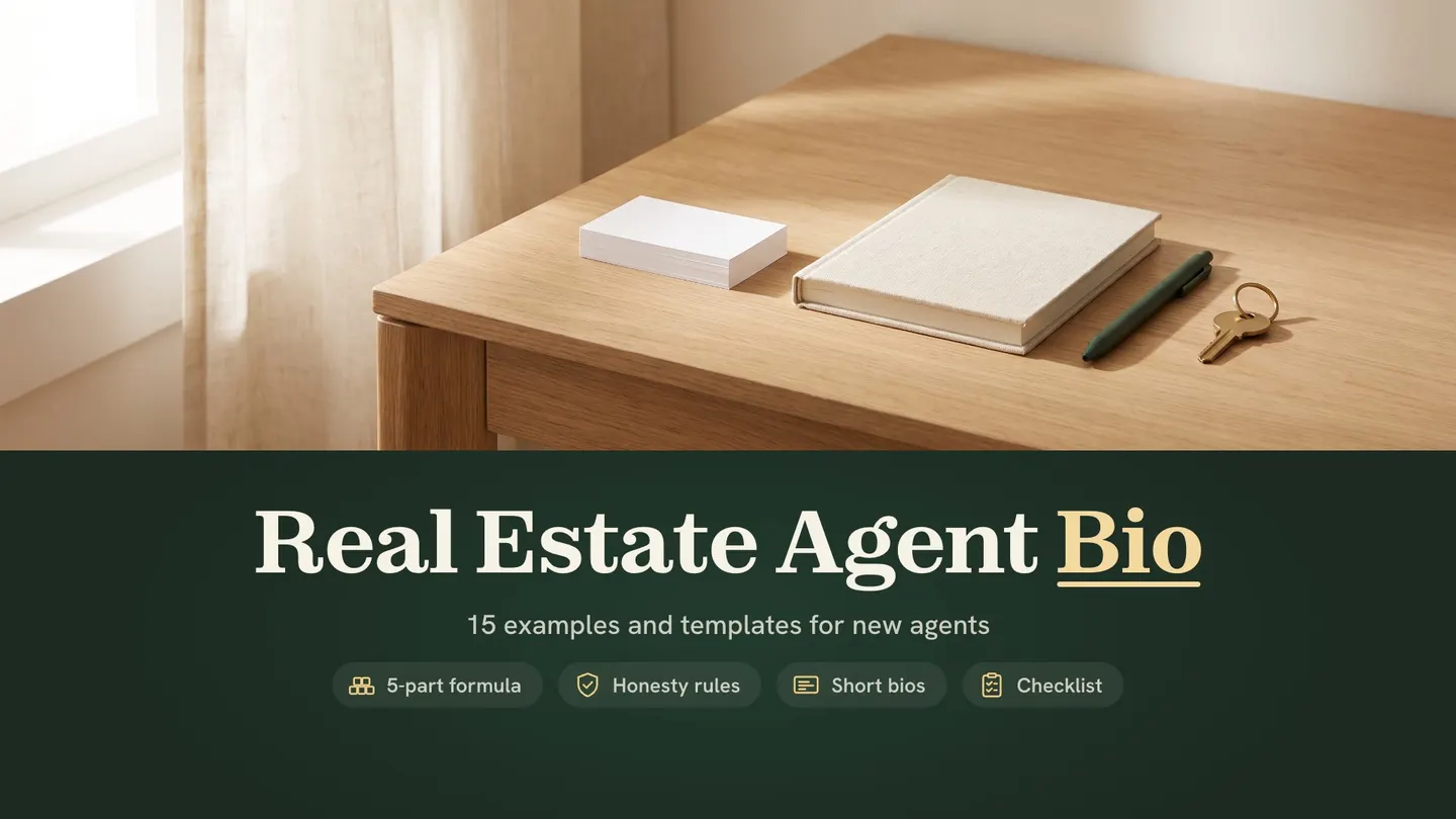 Real estate agent bio: blank business cards, a linen notebook, a green pen and a brass house key on an oak desk in soft window light