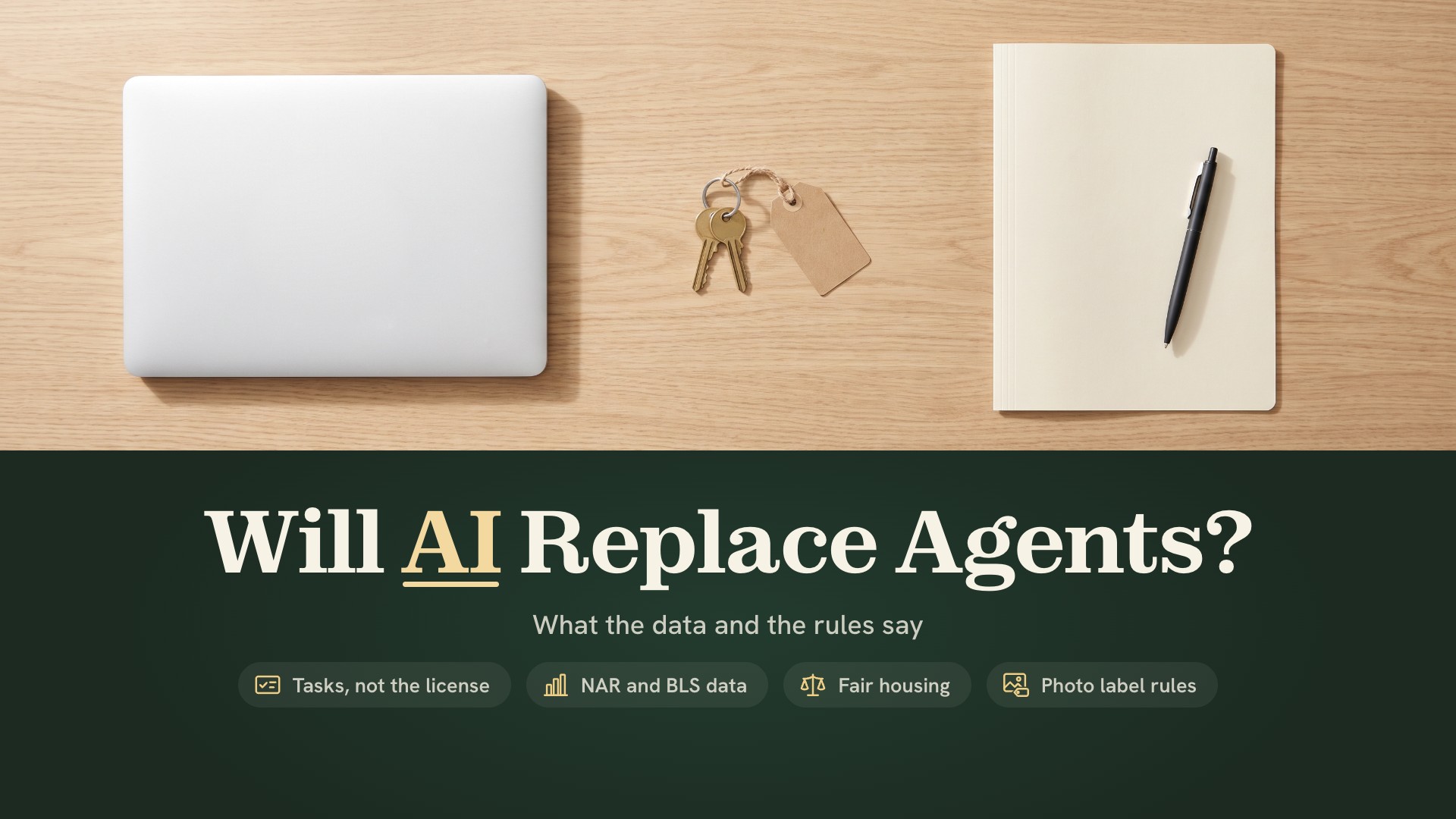 Will AI replace real estate agents: a closed laptop, a set of house keys and a pen on a closed folder, seen from above on a light oak desk