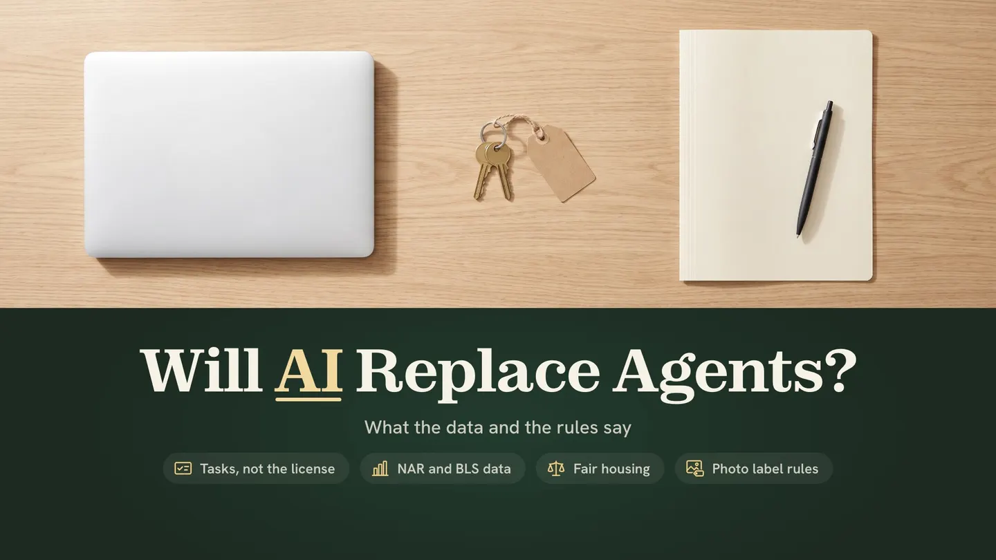 Will AI replace real estate agents: a closed laptop, a set of house keys and a pen on a closed folder, seen from above on a light oak desk