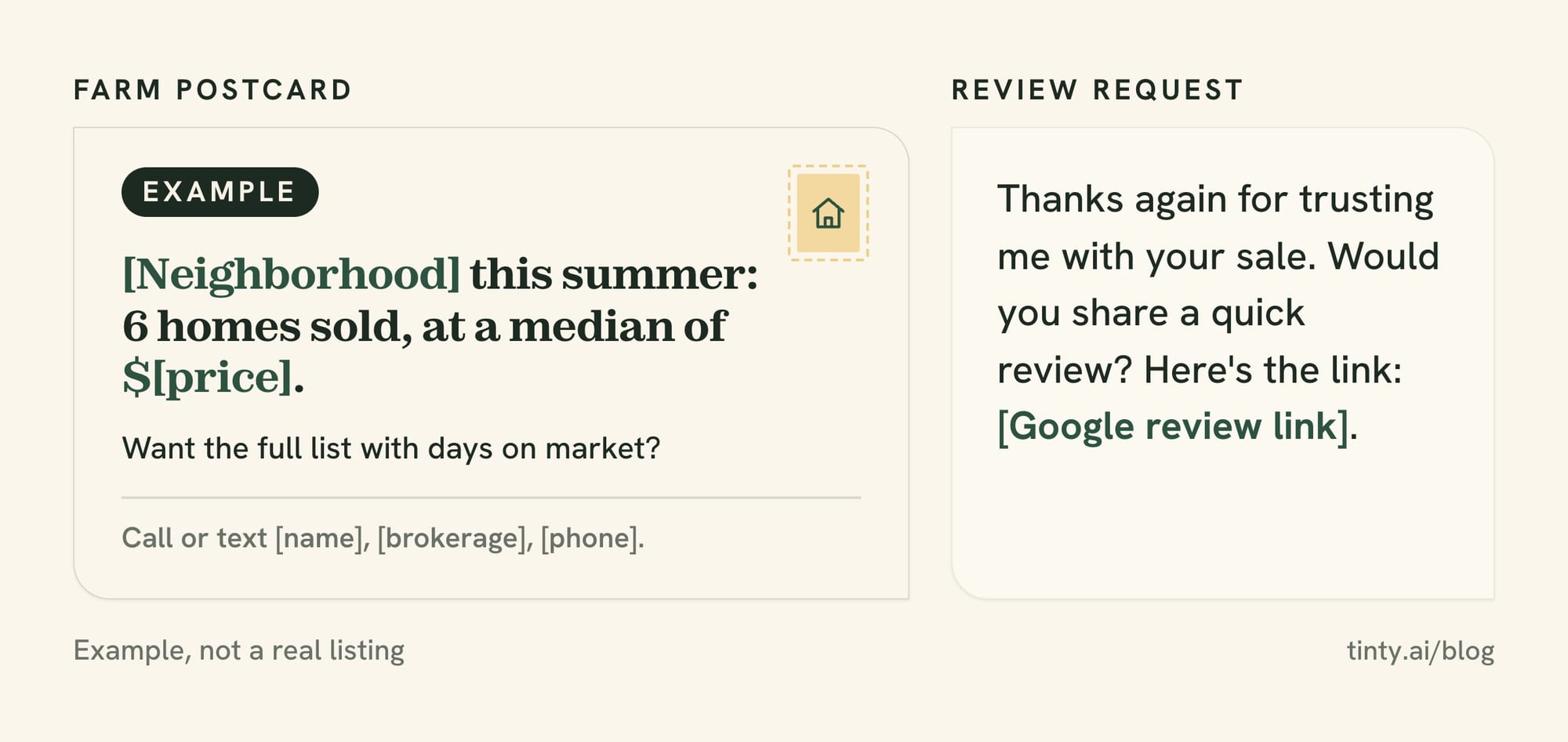 Example farming postcard with recent neighborhood sales next to a review request message with a Google review link