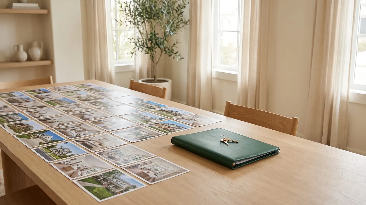 Home listing photo prints laid out in a grid on an oak table, with a closed green leather folder and house keys set apart from them