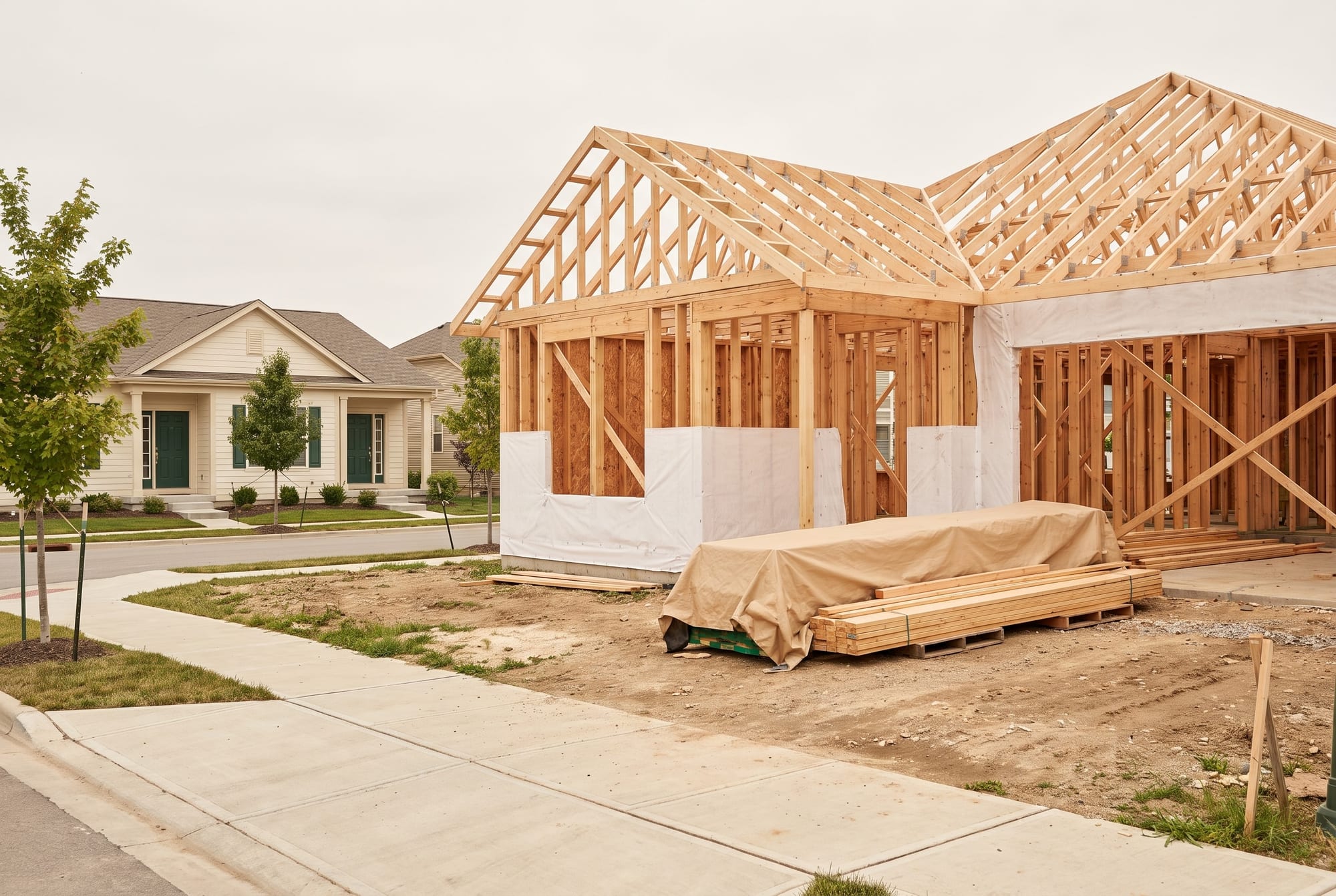 Timber-framed house left unfinished on a quiet new-construction street, lumber stacked under a tan tarp, finished homes with green doors behind