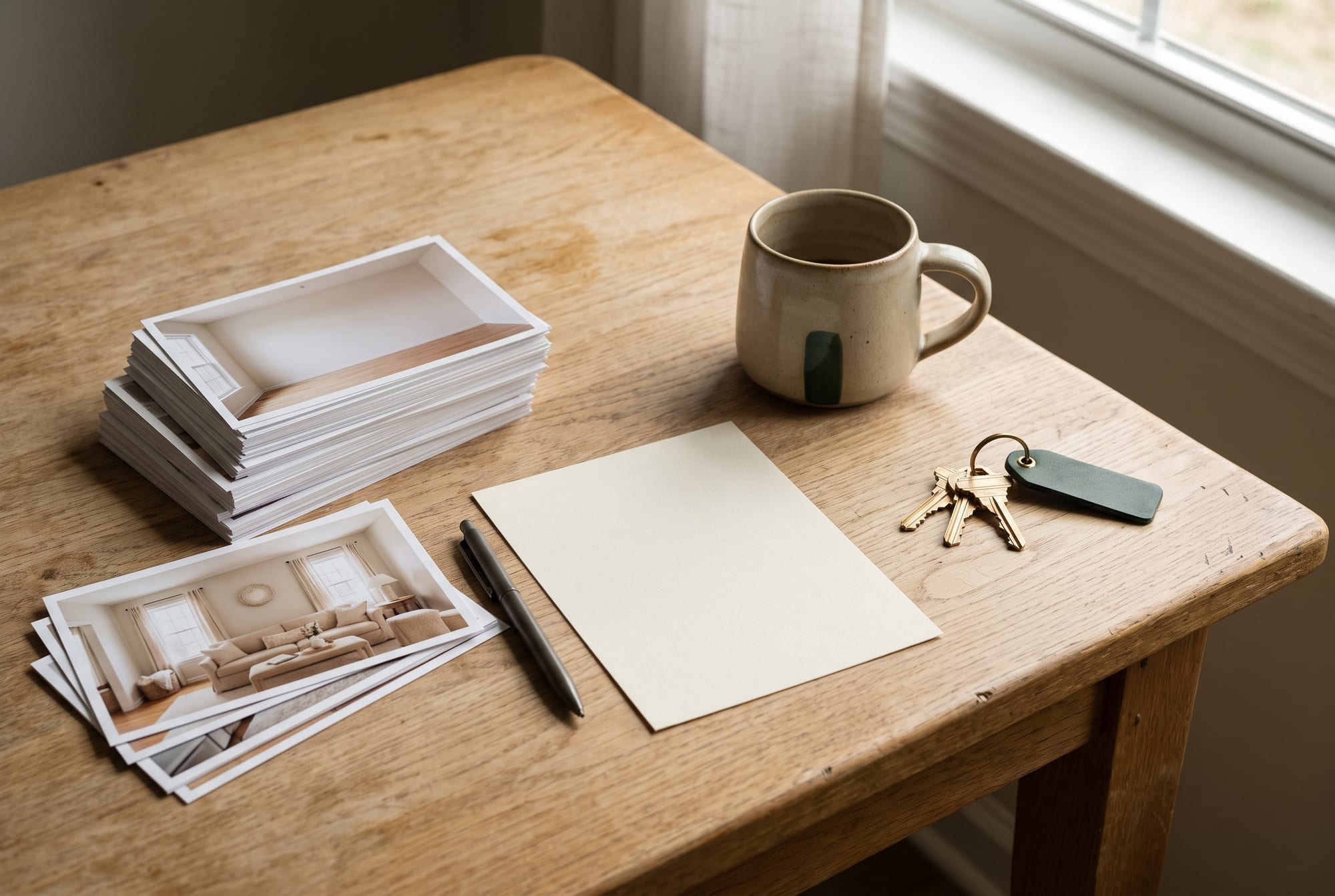 An oak table with printed room photos, a pen, a coffee mug and house keys on a green leather tag