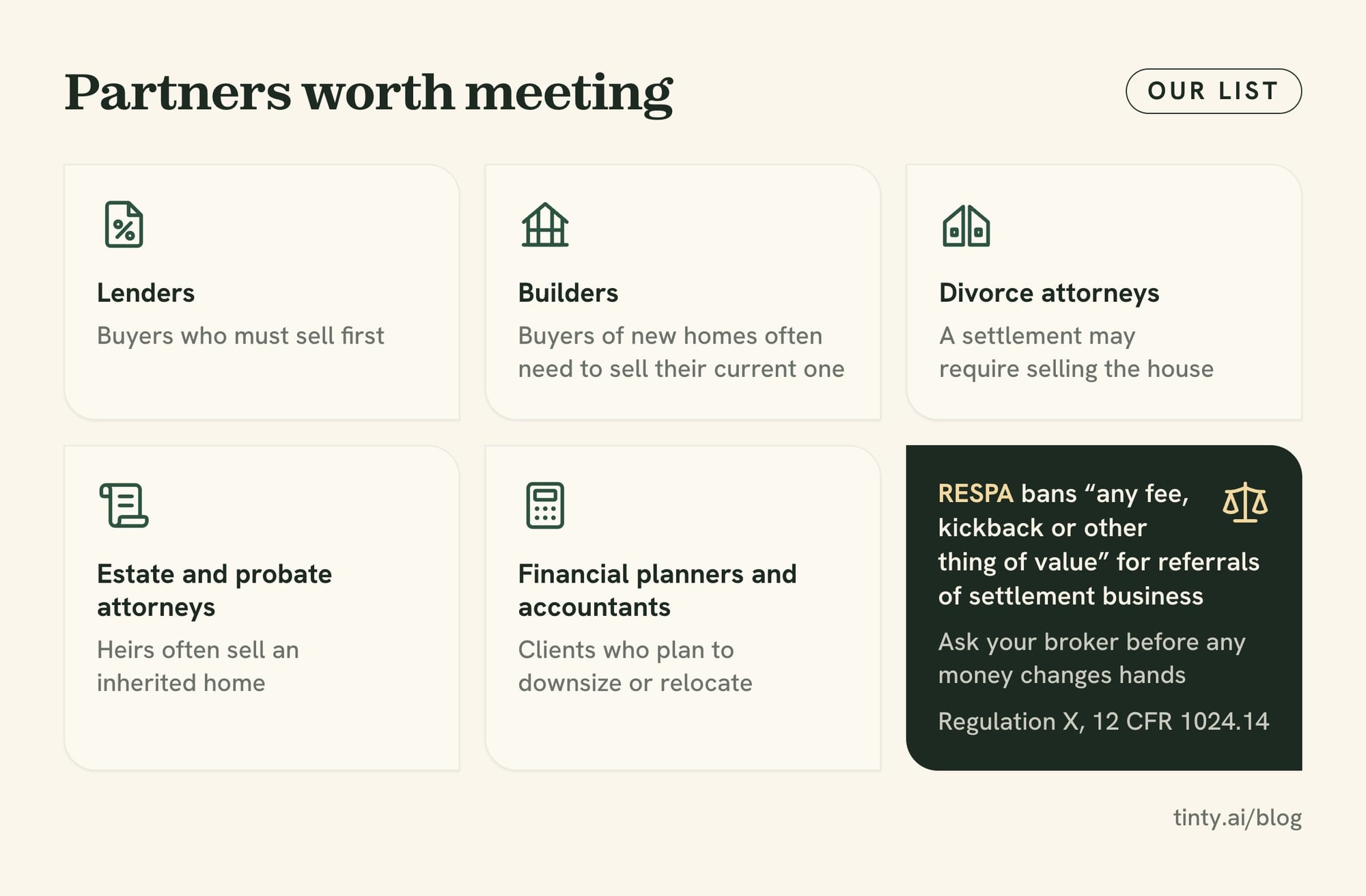 Referral partners for getting listings: lenders, builders, divorce and probate attorneys, planners and accountants, with the RESPA rule