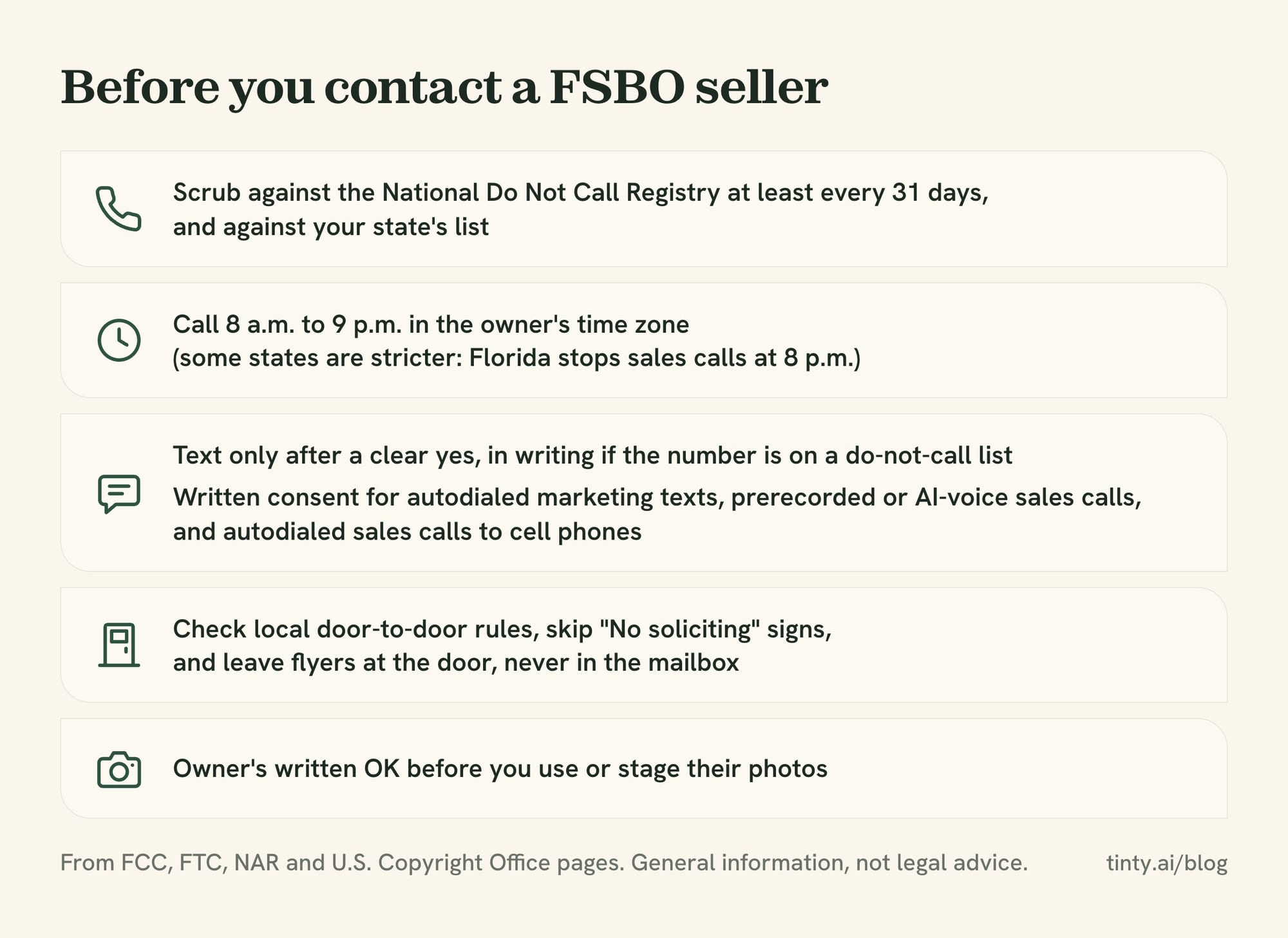 FSBO outreach checklist: Do Not Call scrubbing, calling hours, text consent, door-knocking rules and photo permission
