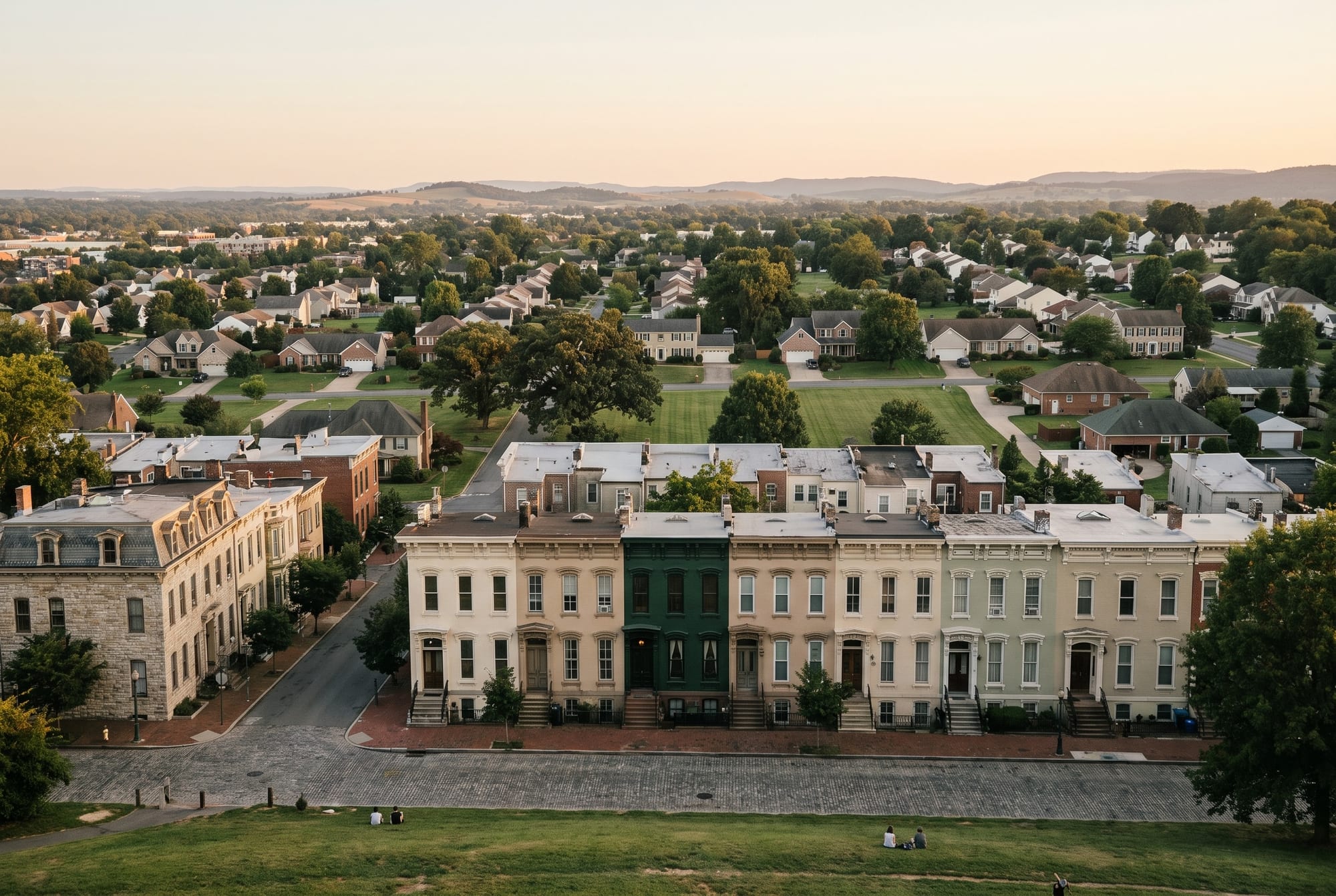 Golden-hour view from a hillside park over a row of pastel townhouses, one painted forest green, with suburban homes and hills beyond