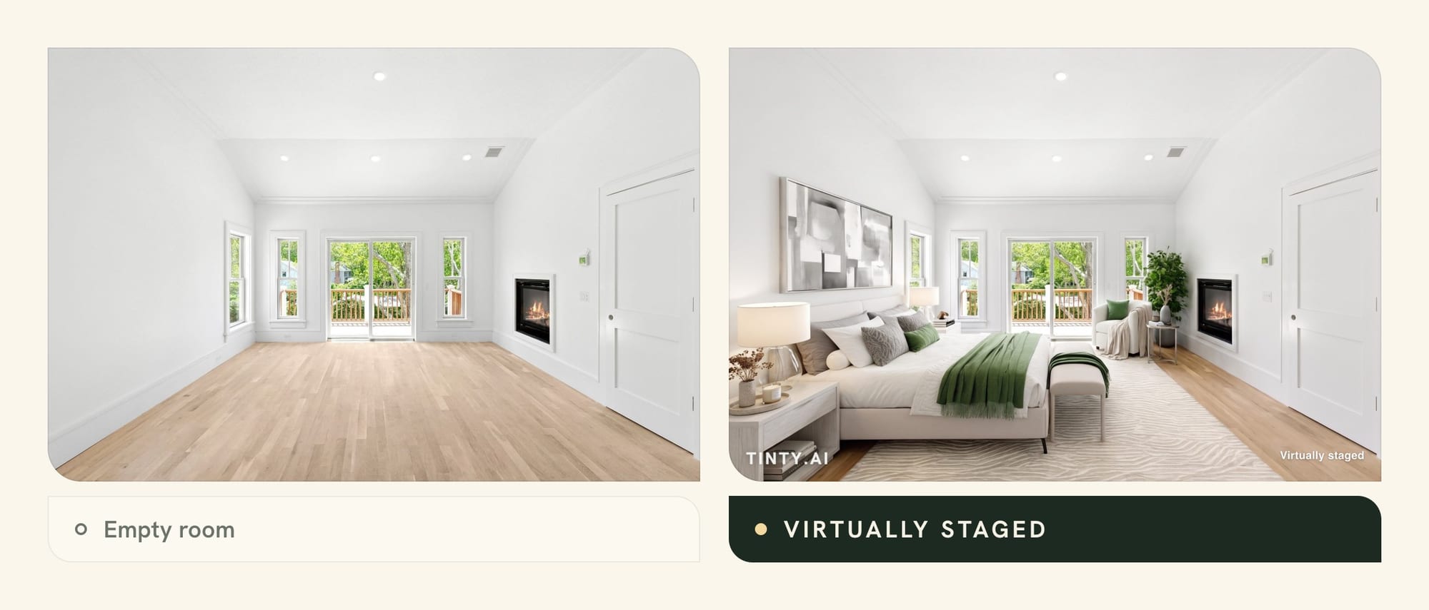 Empty bedroom next to the same bedroom virtually staged with TINTY and labeled, as shown to a seller who asks why stage an empty house