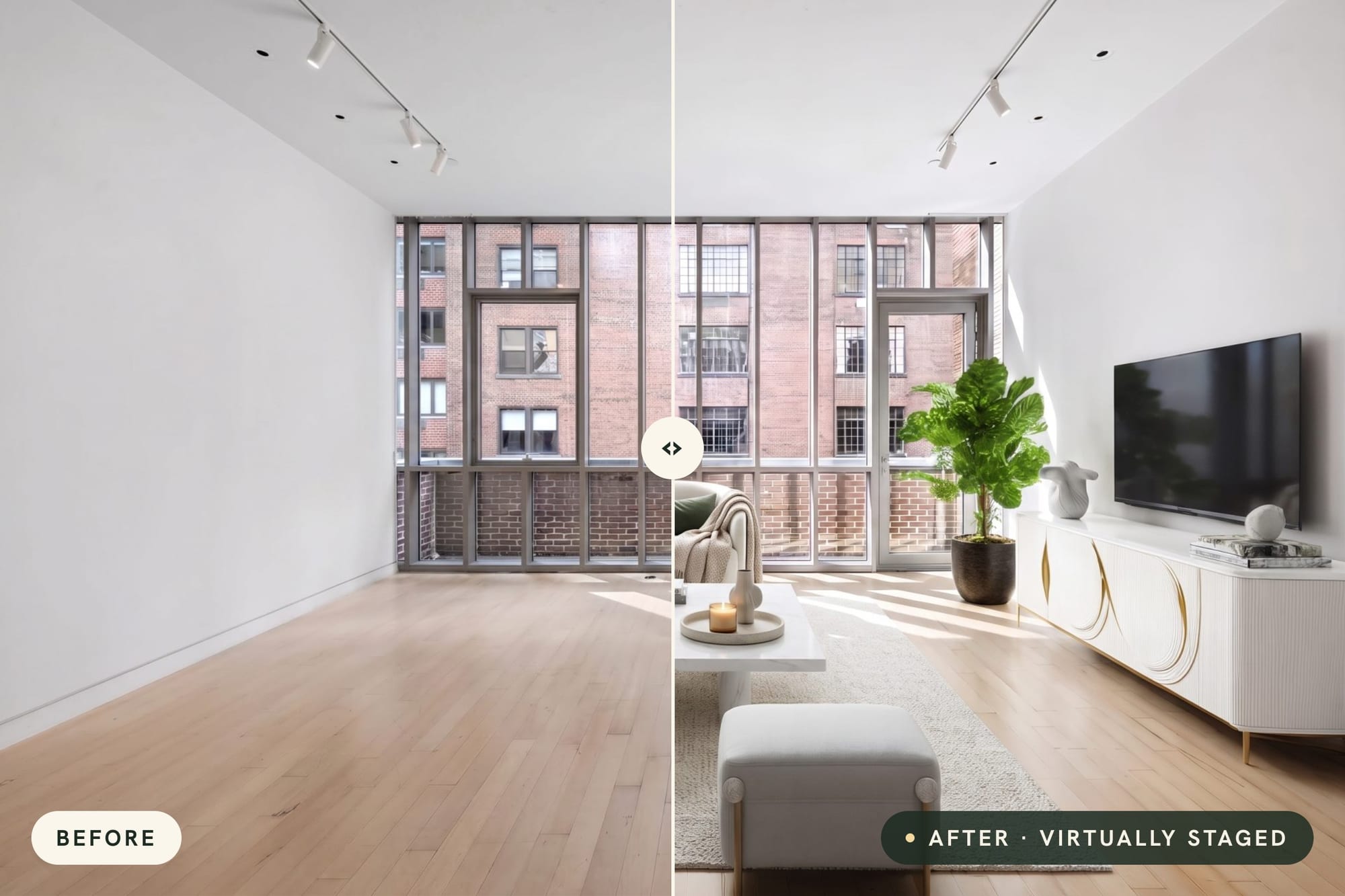 Before and after virtual staging of an empty living room with TINTY, labeled Virtually staged