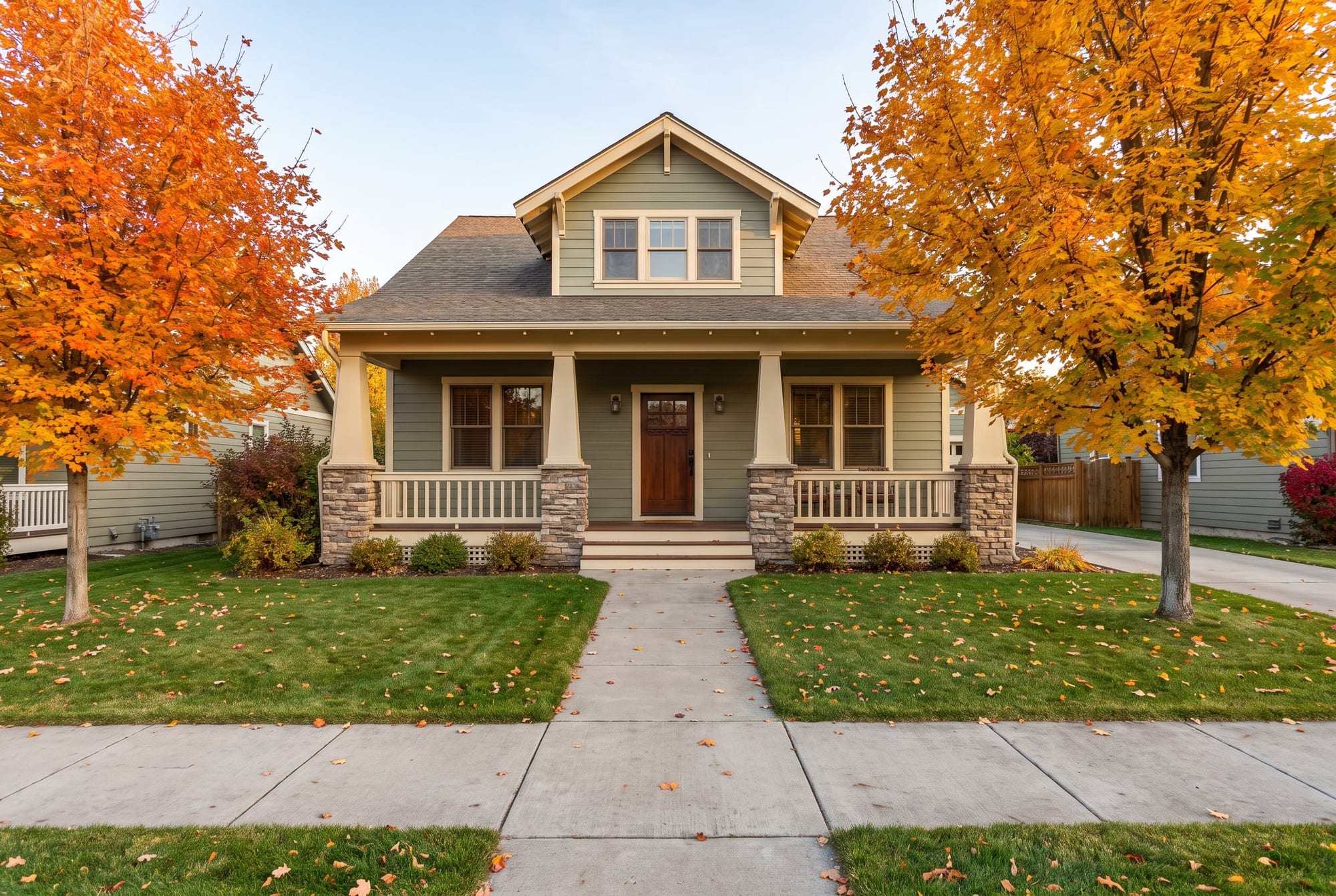 Fresh hero photo for a price improvement post: a craftsman house in fall color, shot level from the sidewalk