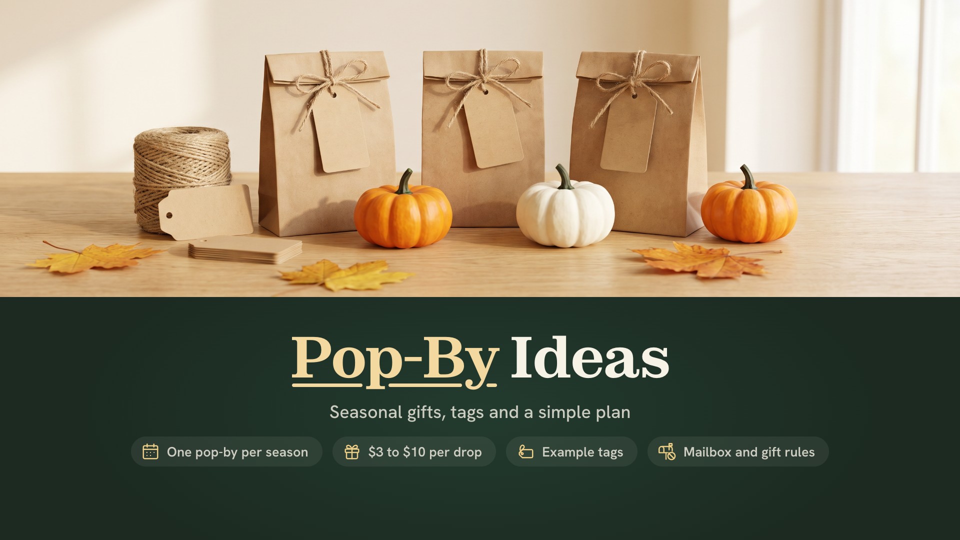 Pop by ideas for realtors: three kraft gift bags tied with twine, blank tags and mini pumpkins on a wooden table, ready for a fall round