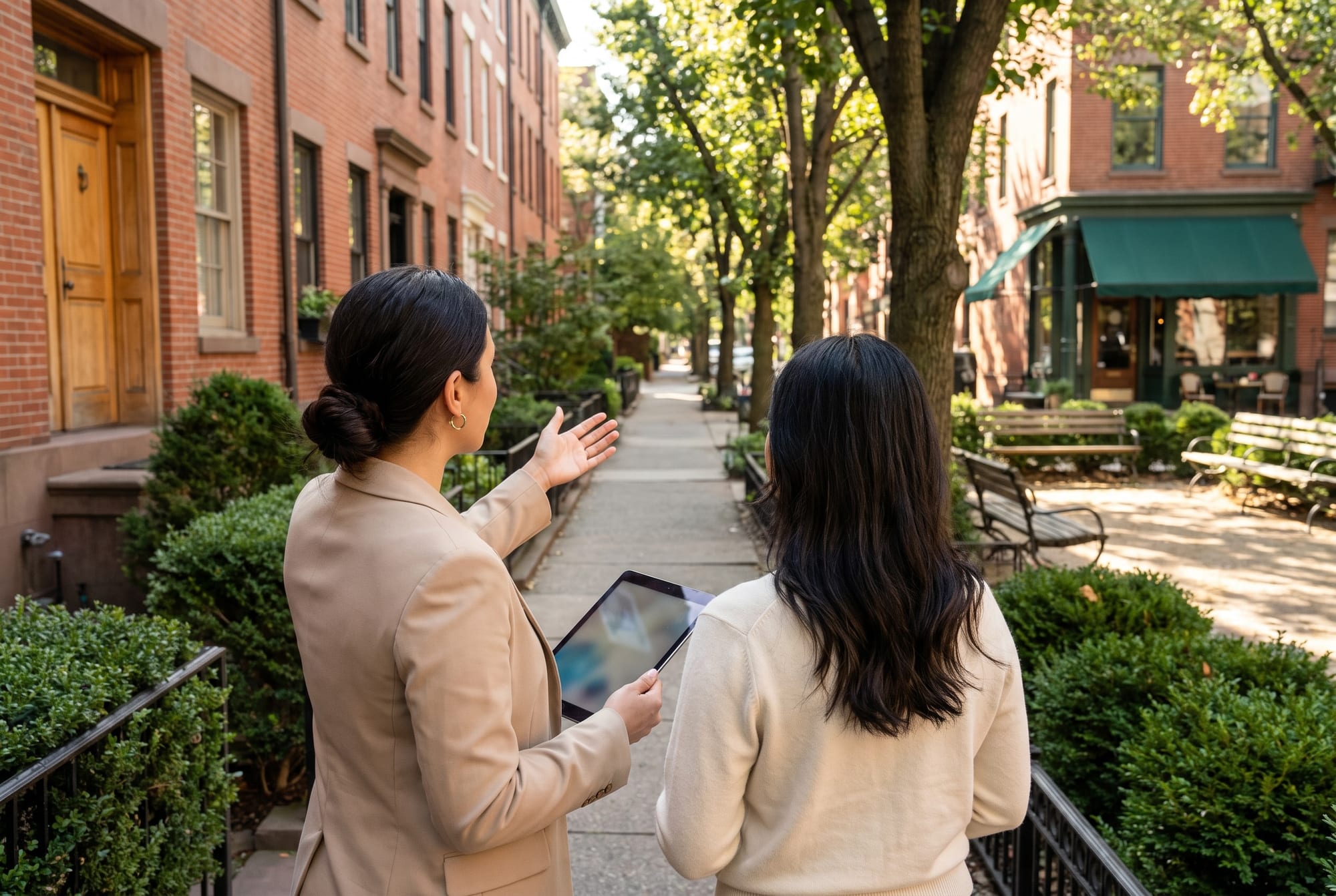 A real estate agent holding a tablet points out a brick rowhouse street, a small park with benches and a green-awning cafe to a buyer seen from behind