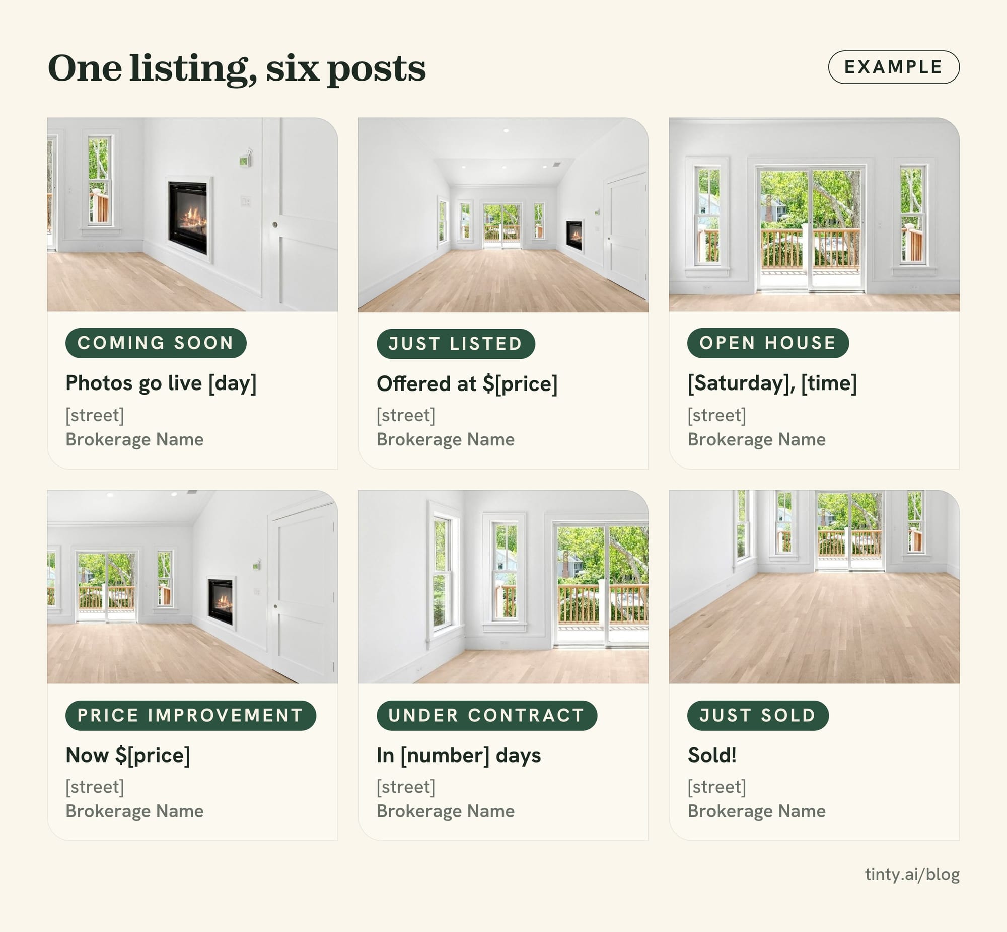 Real estate social media posts for six listing stages: coming soon, just listed, open house, price improvement, under contract and just sold
