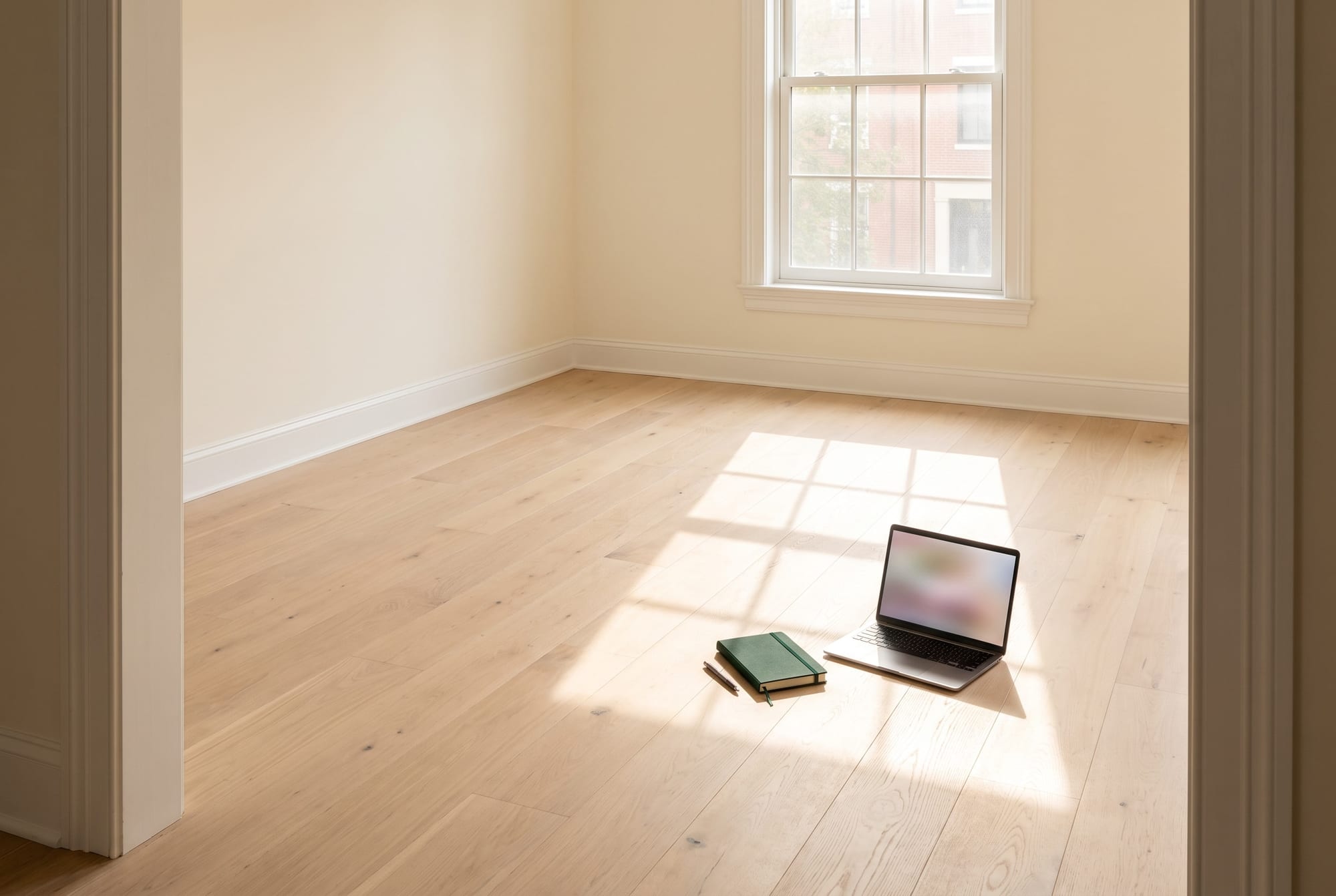 Vacant cream-walled room with pale oak floors, sunlight through a window, an open laptop and green notebook on the floor