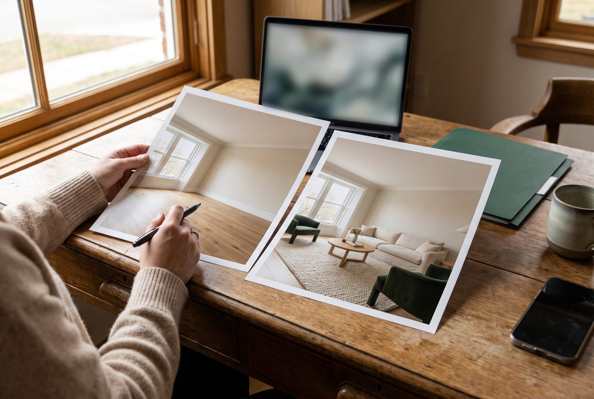 Agent's hands with a pen beside two prints on an oak desk: an empty living room and the same room staged with sofa and green armchairs