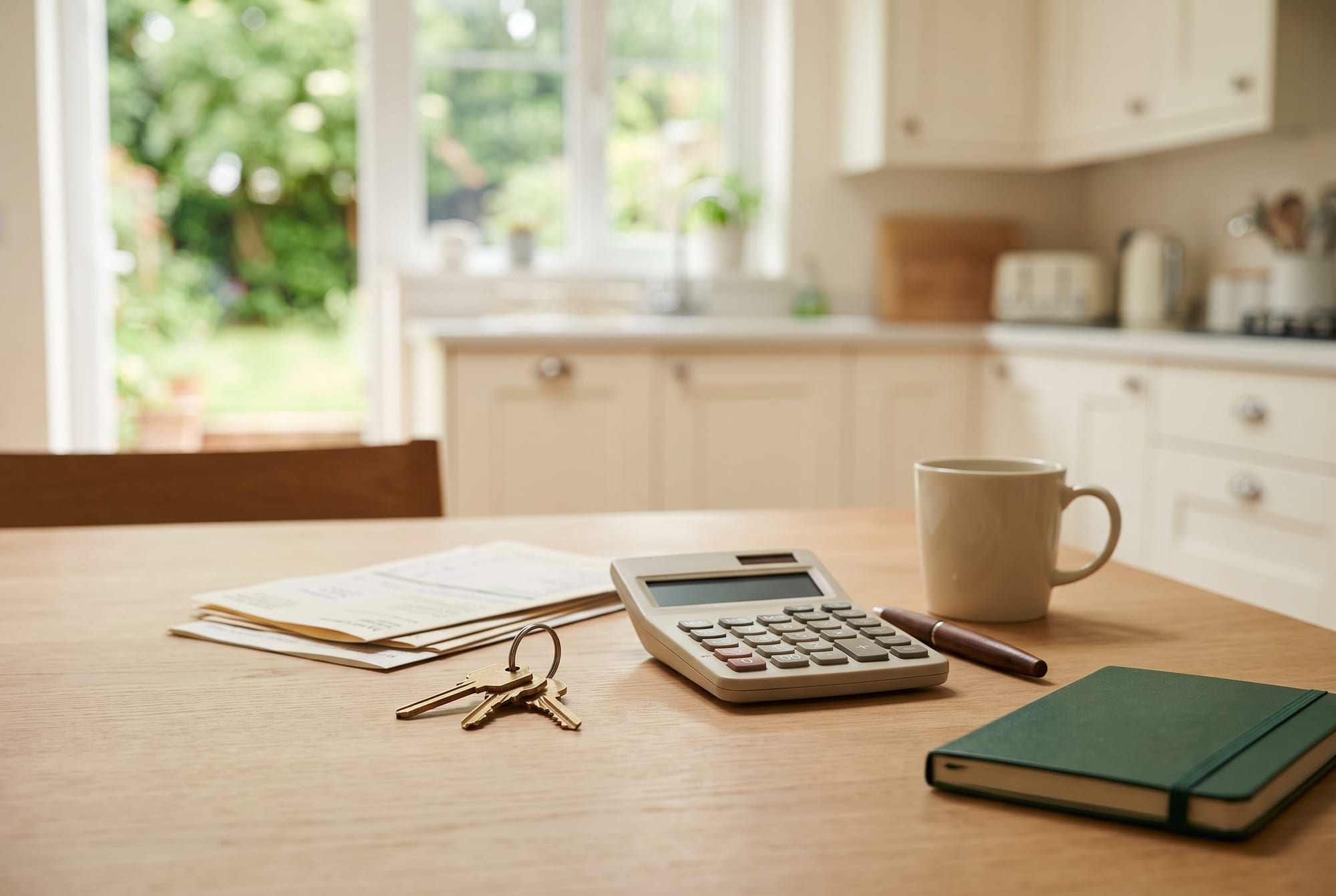 Kitchen table with house keys, a calculator, soft-focus loan papers, a pen, a coffee mug and a green notebook, cream kitchen behind