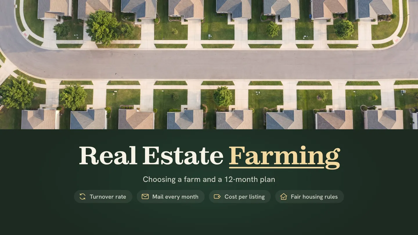 Real estate farming: an aerial view of one quiet neighborhood, a street lined with similar homes, lawns and trees in warm light