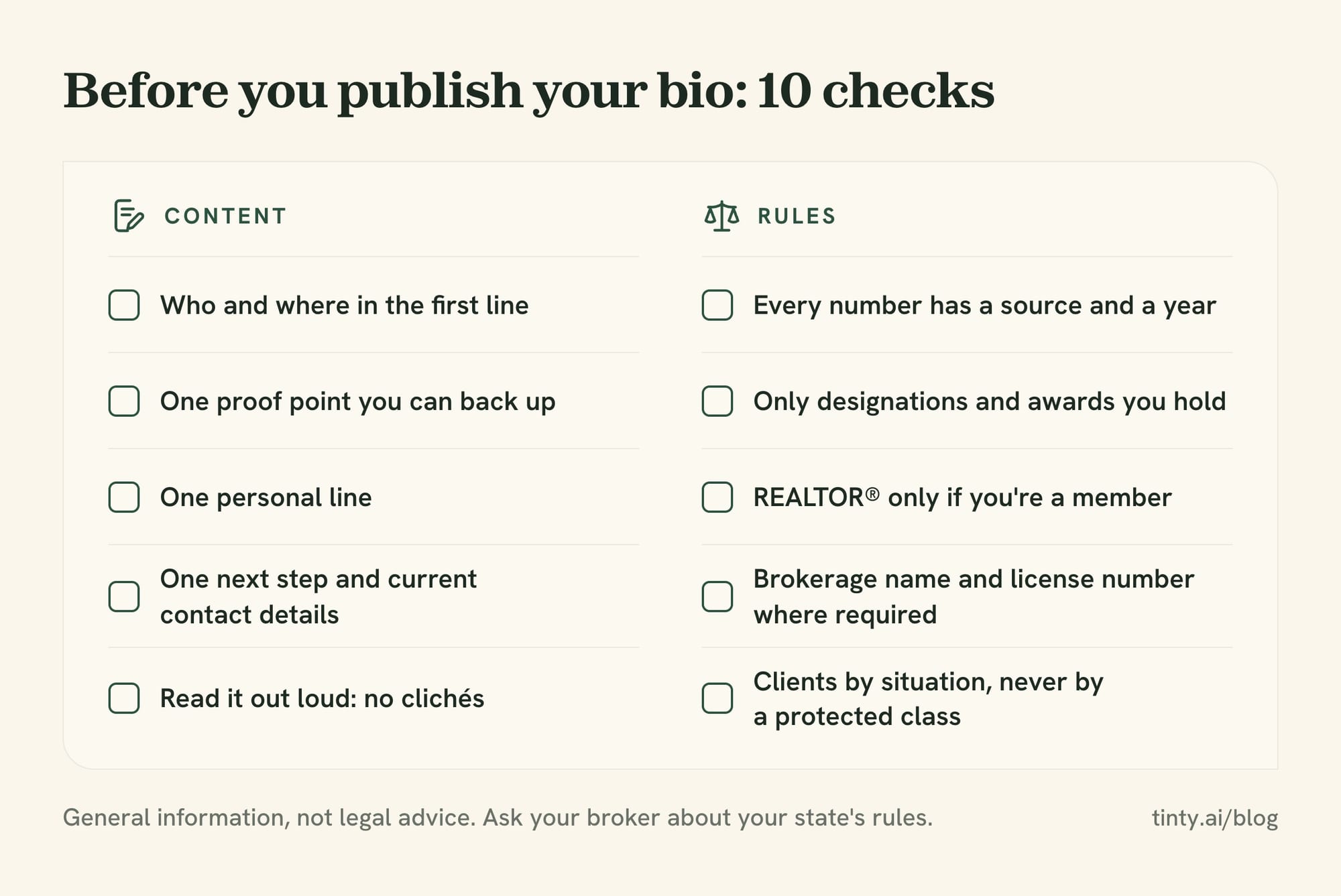 Checklist of 10 points before publishing a real estate agent bio: five content checks and five rules checks