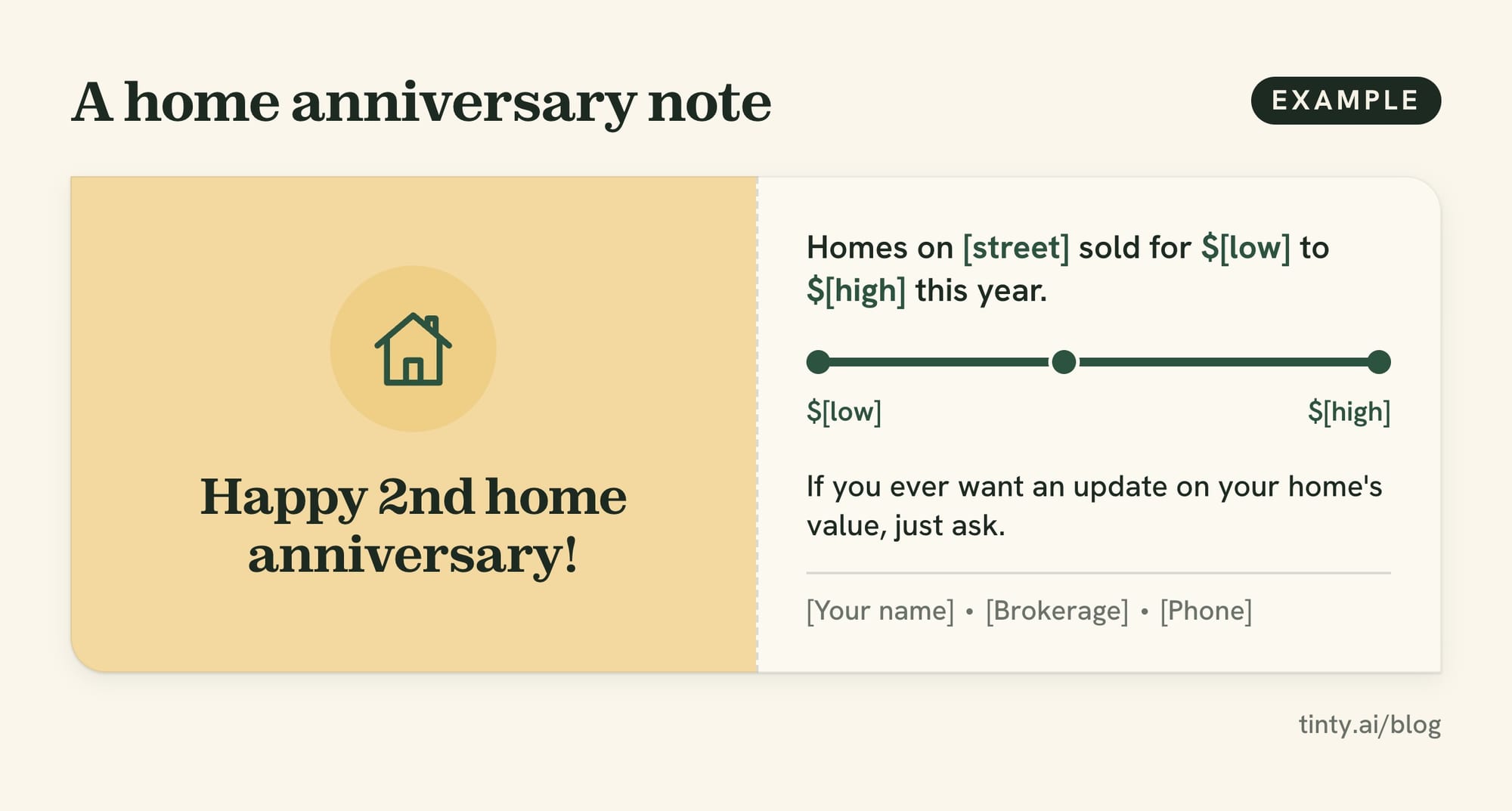 Example home anniversary pop-by note with a short market update for the client's street