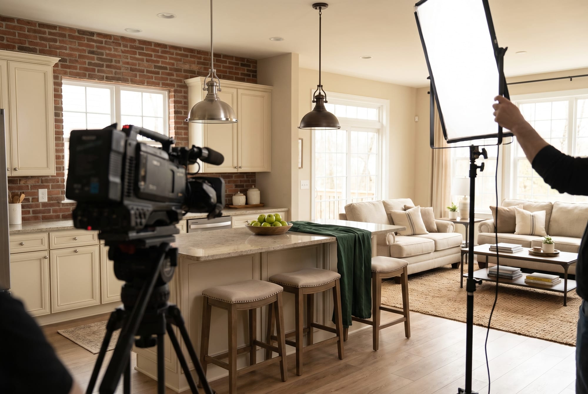 An out-of-focus TV camera and a light panel on set in a staged kitchen with an exposed brick wall, a green runner and bar stools
