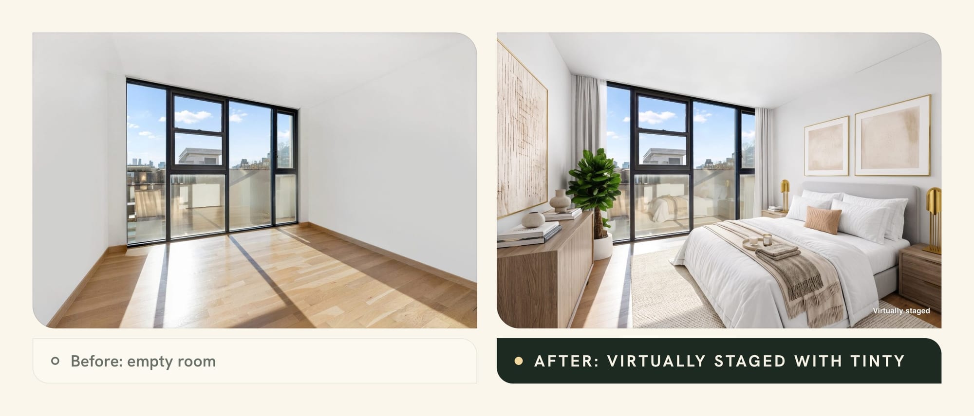 Empty bedroom with floor-to-ceiling windows next to the same room virtually staged with TINTY in Contemporary style, labeled Virtually staged