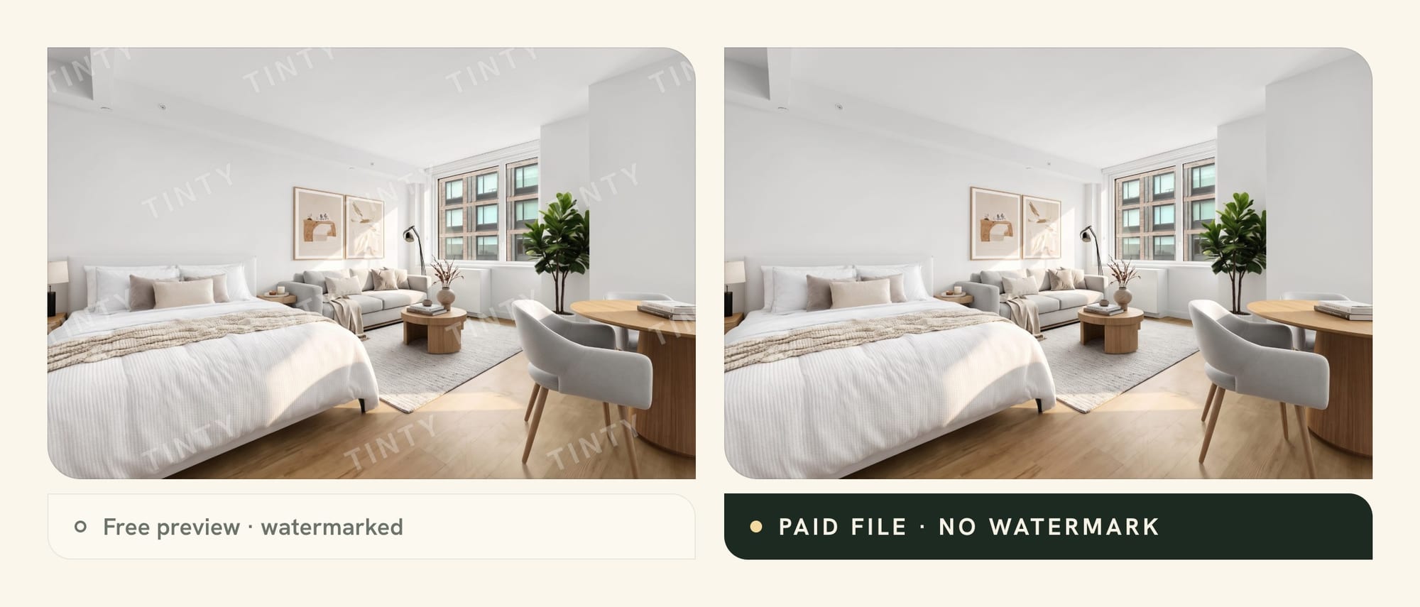 The same TINTY render as a free preview with a watermark and as a paid file without one