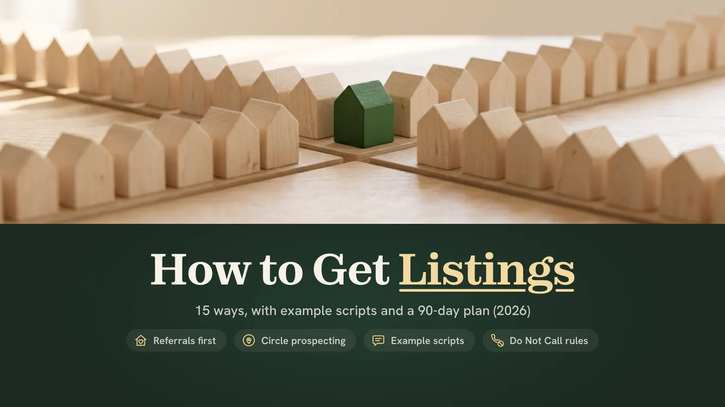How to get real estate listings: a model neighborhood of small wooden houses, with one green house in the middle like a new listing