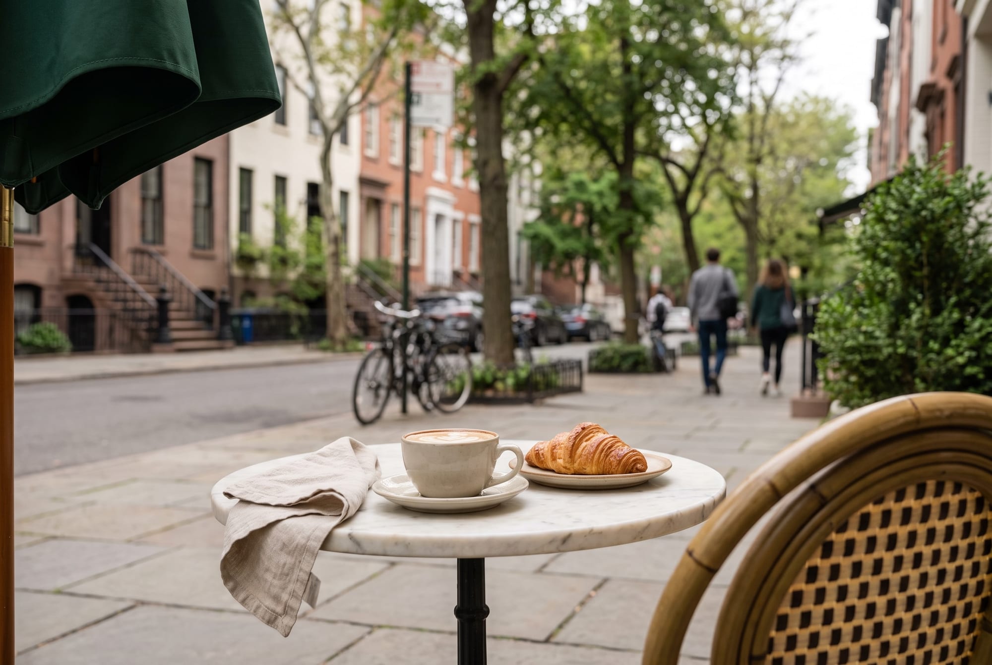 A latte and croissant on a marble cafe table beside a rattan chair, overlooking a brownstone sidewalk where passers-by walk away