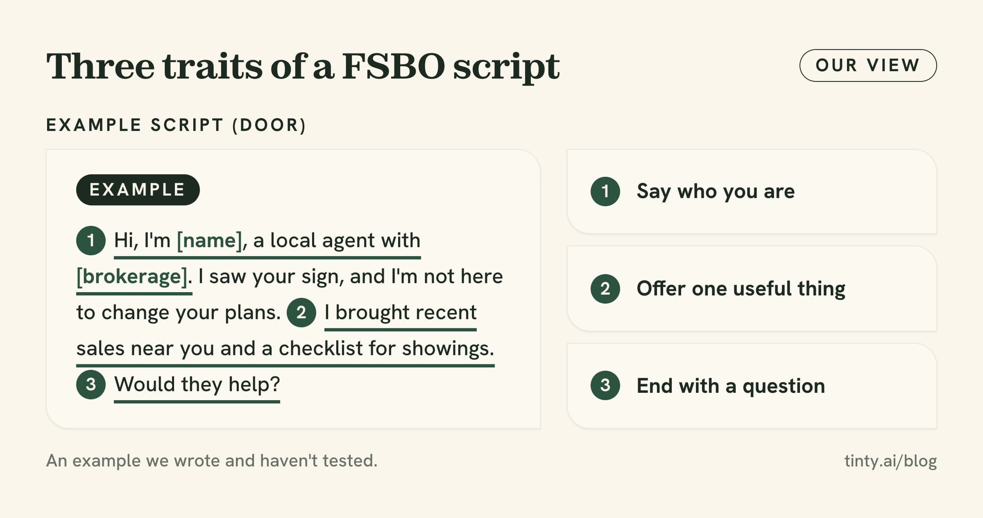 Example FSBO door-knock script with its three traits marked: say who you are, offer one useful thing and end with a question